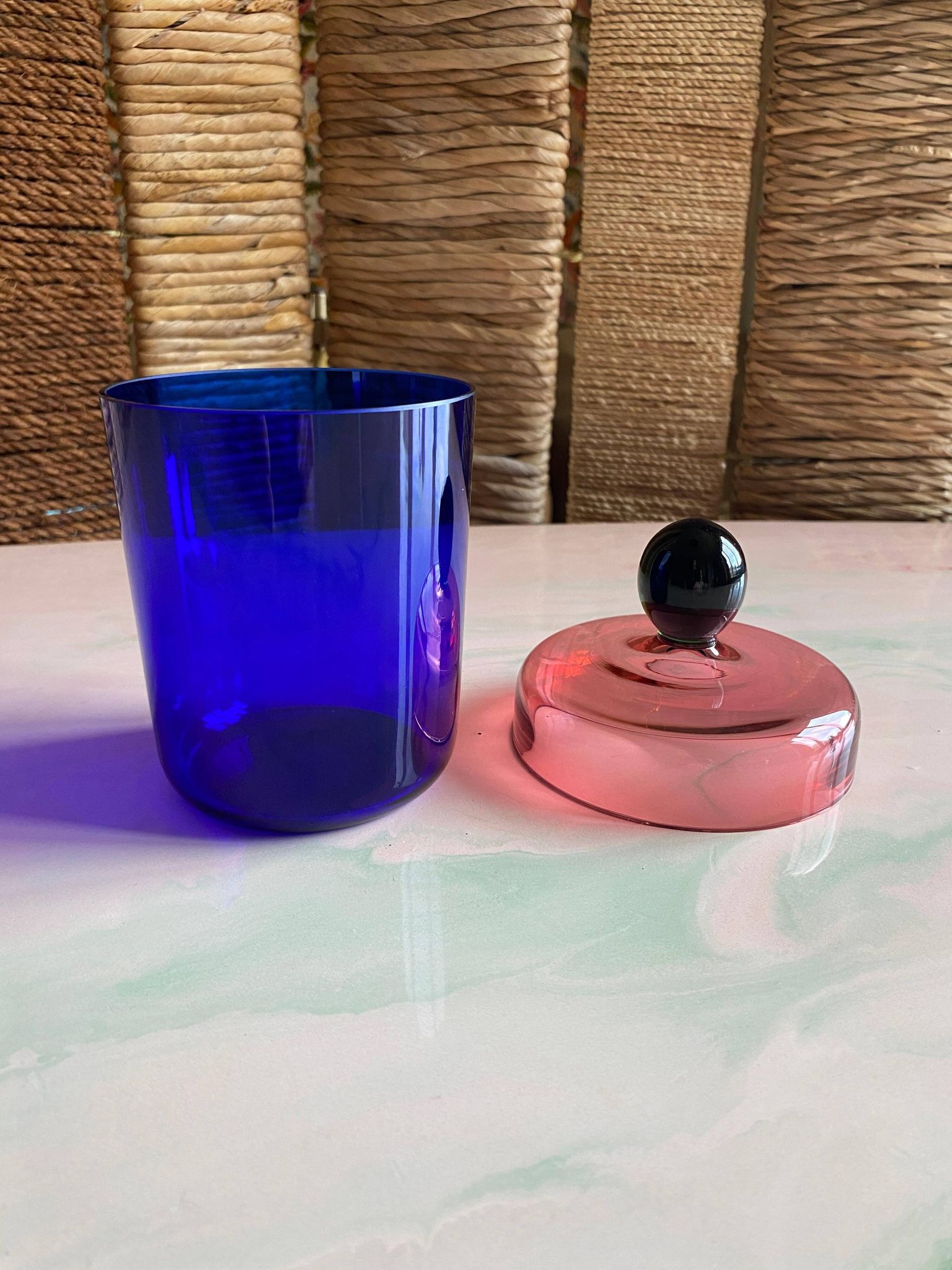 Handmade Blue, Pink and Black Glass Lidded Jar by Erik Höglund, 1992