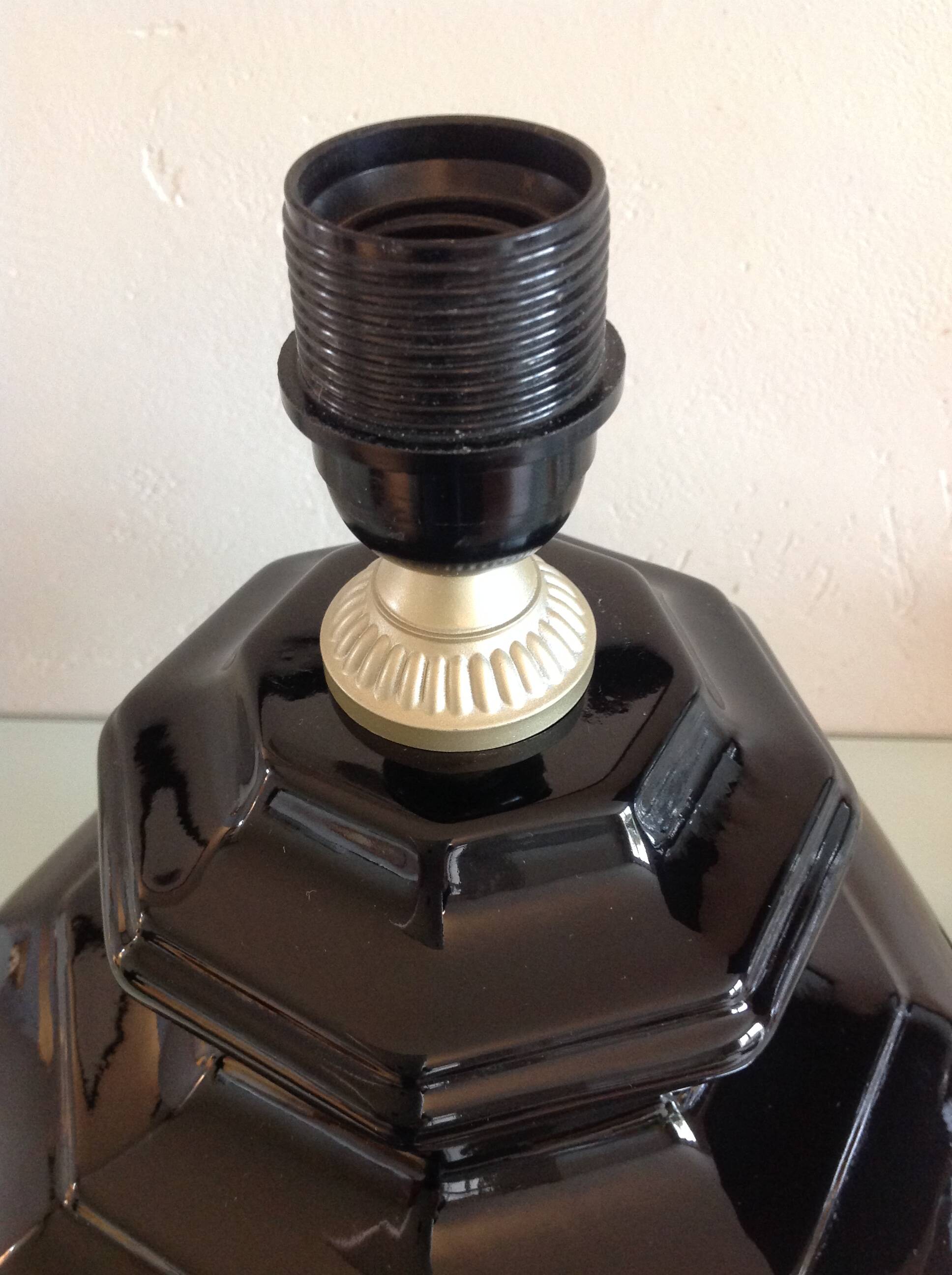 Octagonal black ceramic lamp and gold lampshade / vintage 70s