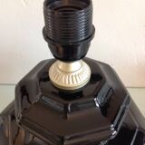 Octagonal black ceramic lamp and gold lampshade / vintage 70s