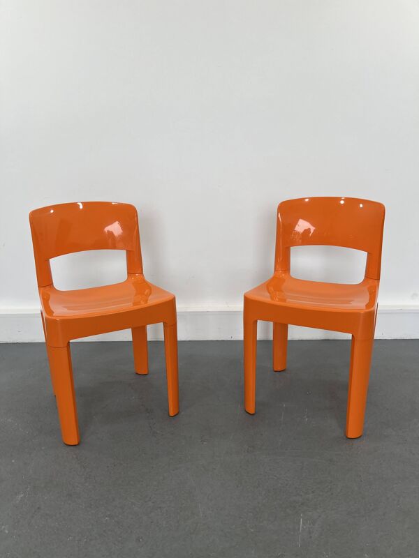 Ensemble de 2 chaises vintage Allibert en plastique orange, France 1970