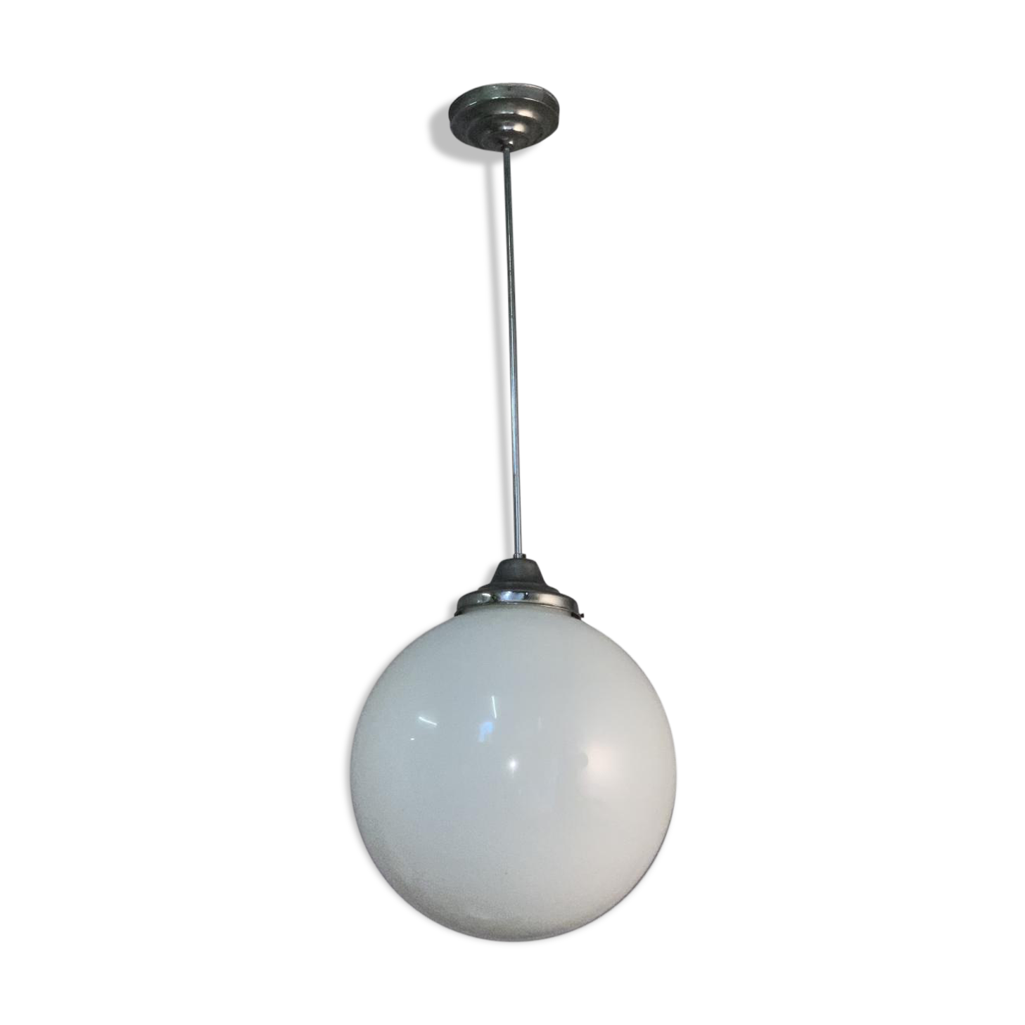Hanging lamp in chrome, large opal glass globe