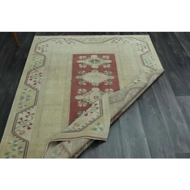 1970s Vintage Turkish Oushak Handmade Wool Cotton Beige Area Rug 158x229