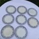 8 petites assiettes en faience terre de fer creil et montereau modele moscou, decor bleu anciennes