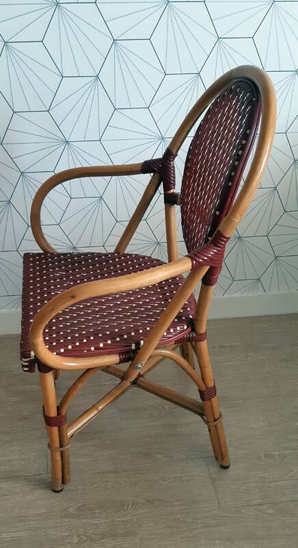 Vintage Parisian bistro armchair in rattan/bamboo and woven nylon.