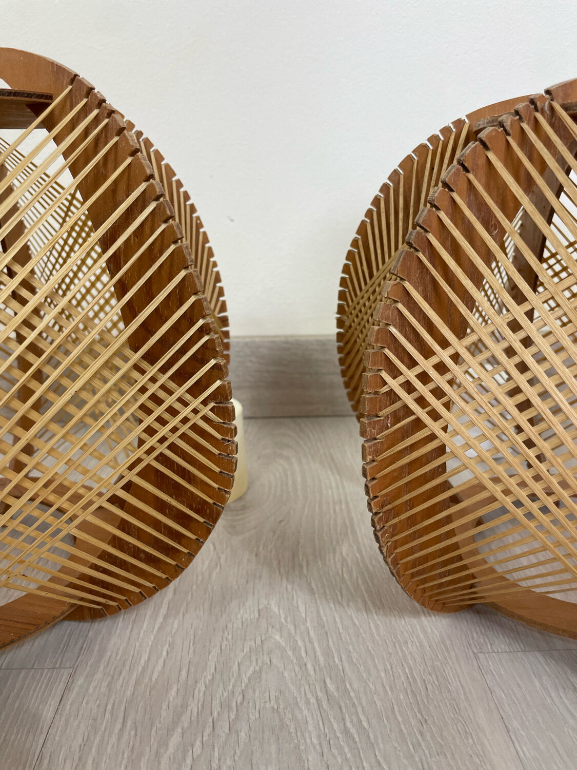 Pair of Scandinavian pendant lamps in wood and wires
