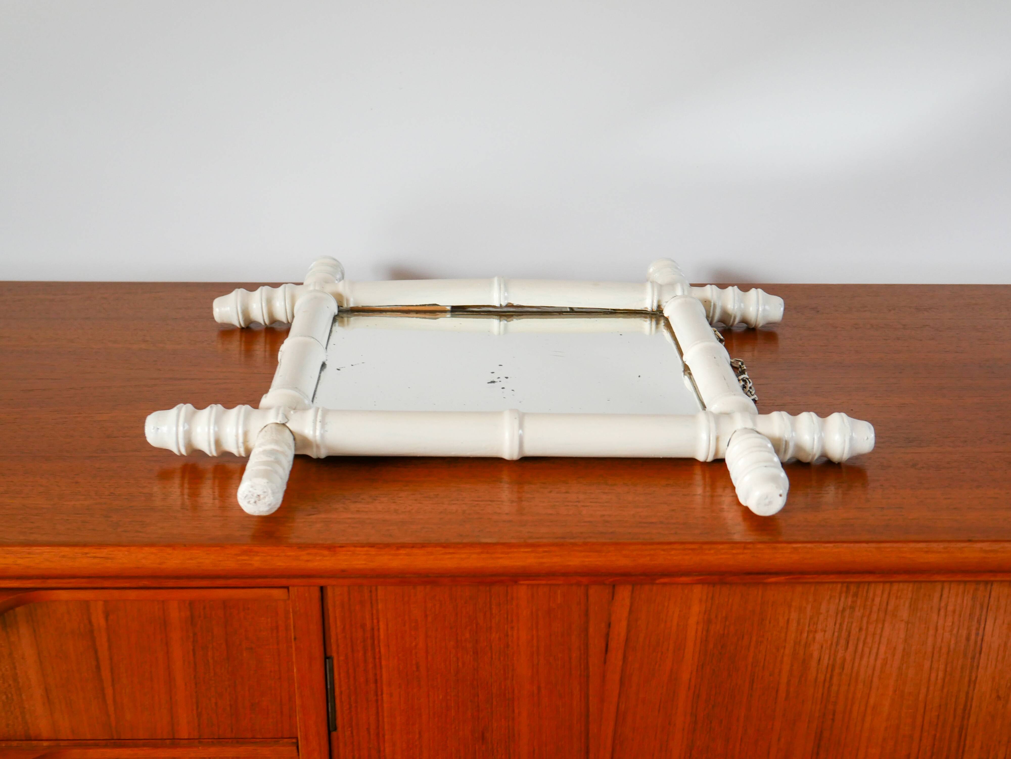 White bamboo effect wooden barber mirror 46 x 31 cm