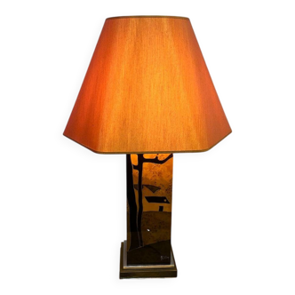 Rare 1970s Jean-Claude Mahey table lamp in burl wood with abstract inlay