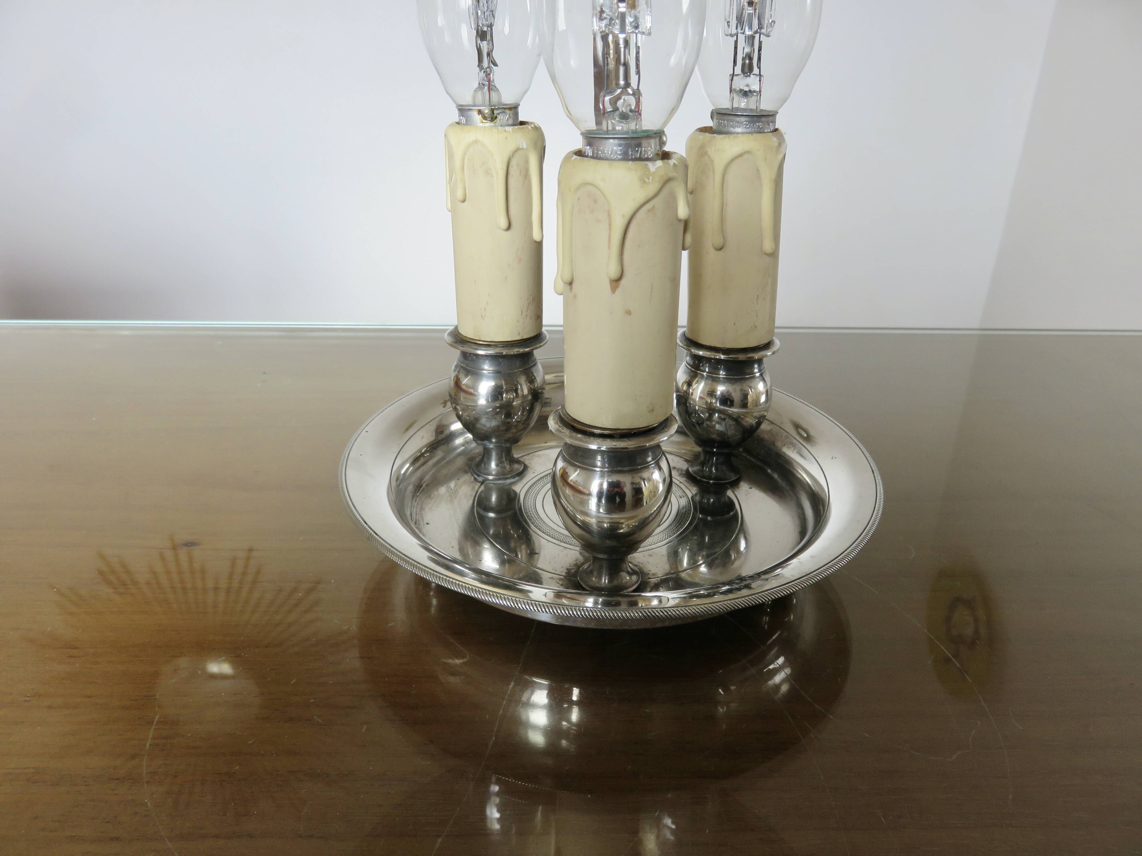 Authentic antique bouillotte lamp in chrome bronze with 3 lights, 1930s.