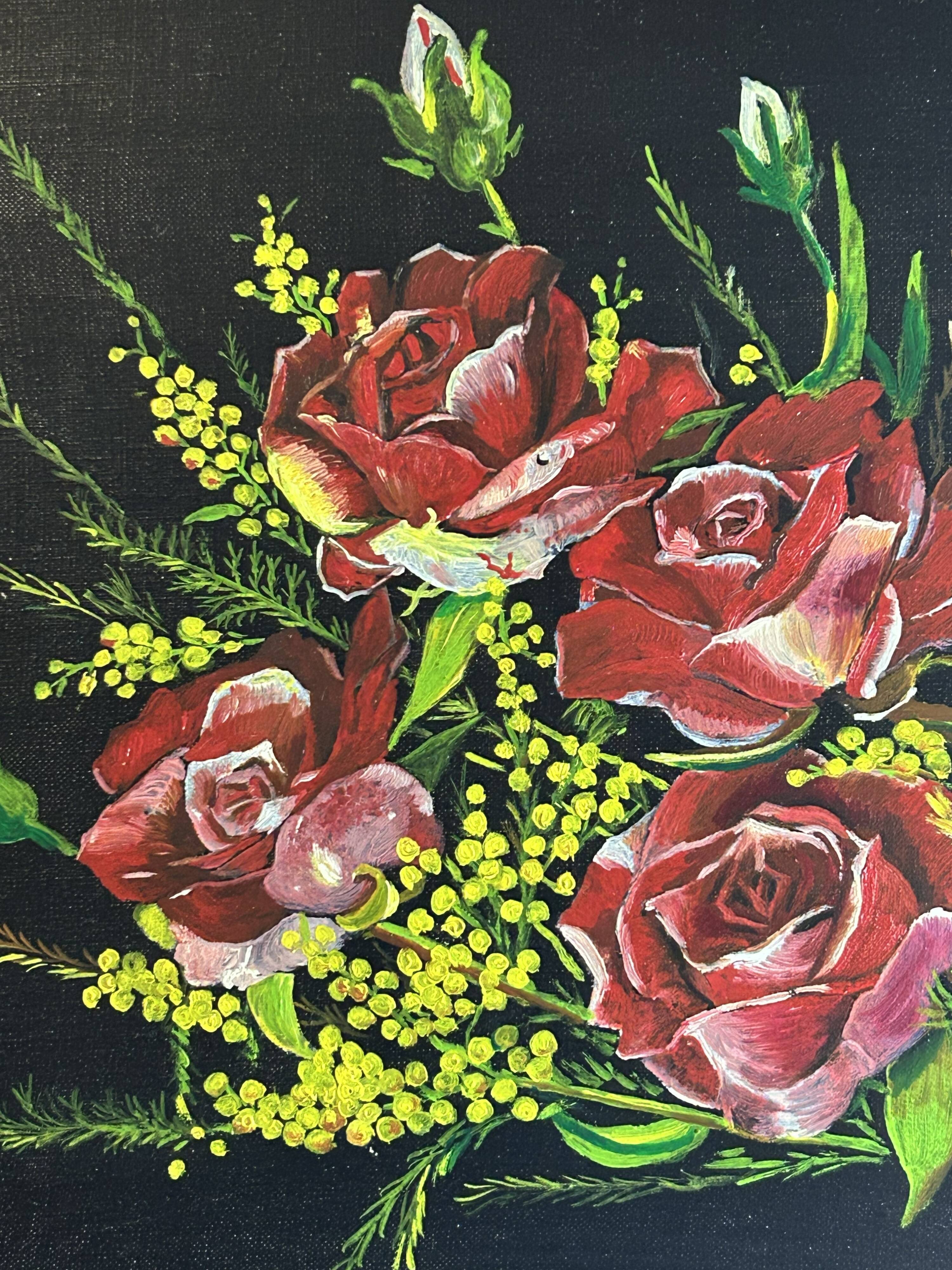 Nature morte aux roses – Huile sur toile signée et datée 1977 –Cadre bois