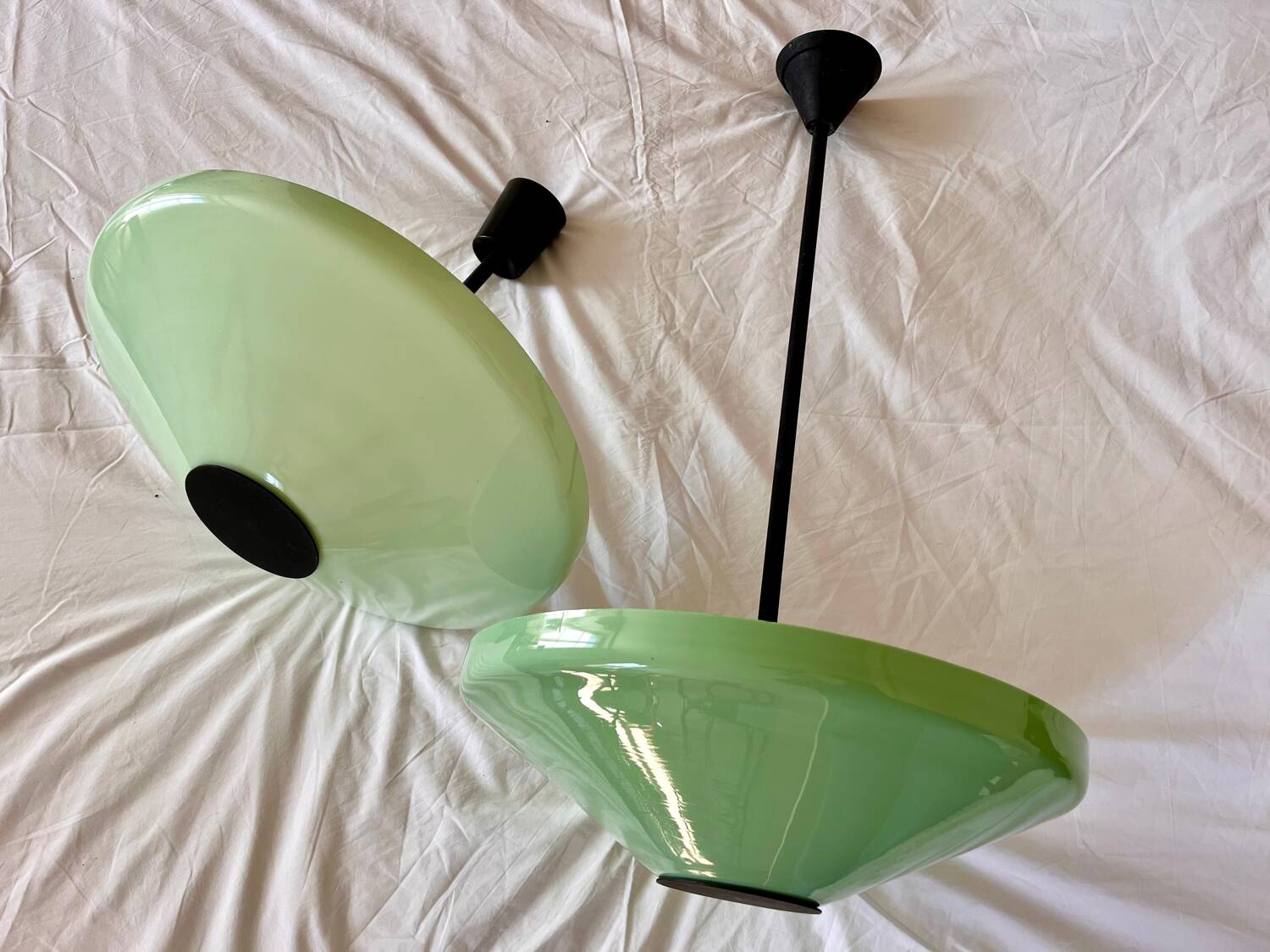 Pair of Art Deco opaline pendant lights from the 1940s
