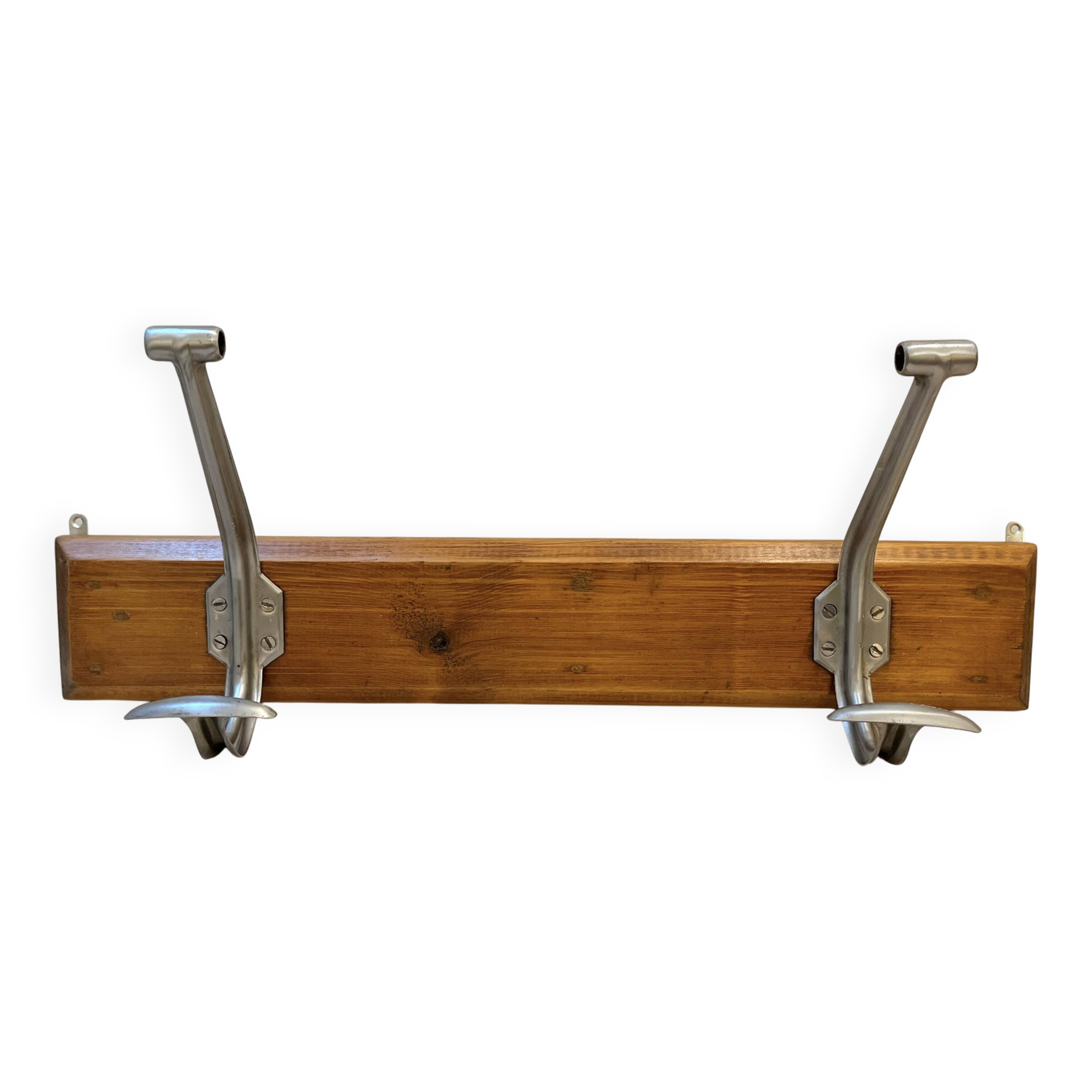 54 cm Ancien porte manteau mural d'école en bois et métal 2 patères double