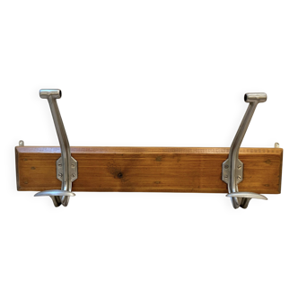 54 cm Old school wall coat rack in wood and metal 2 double hooks