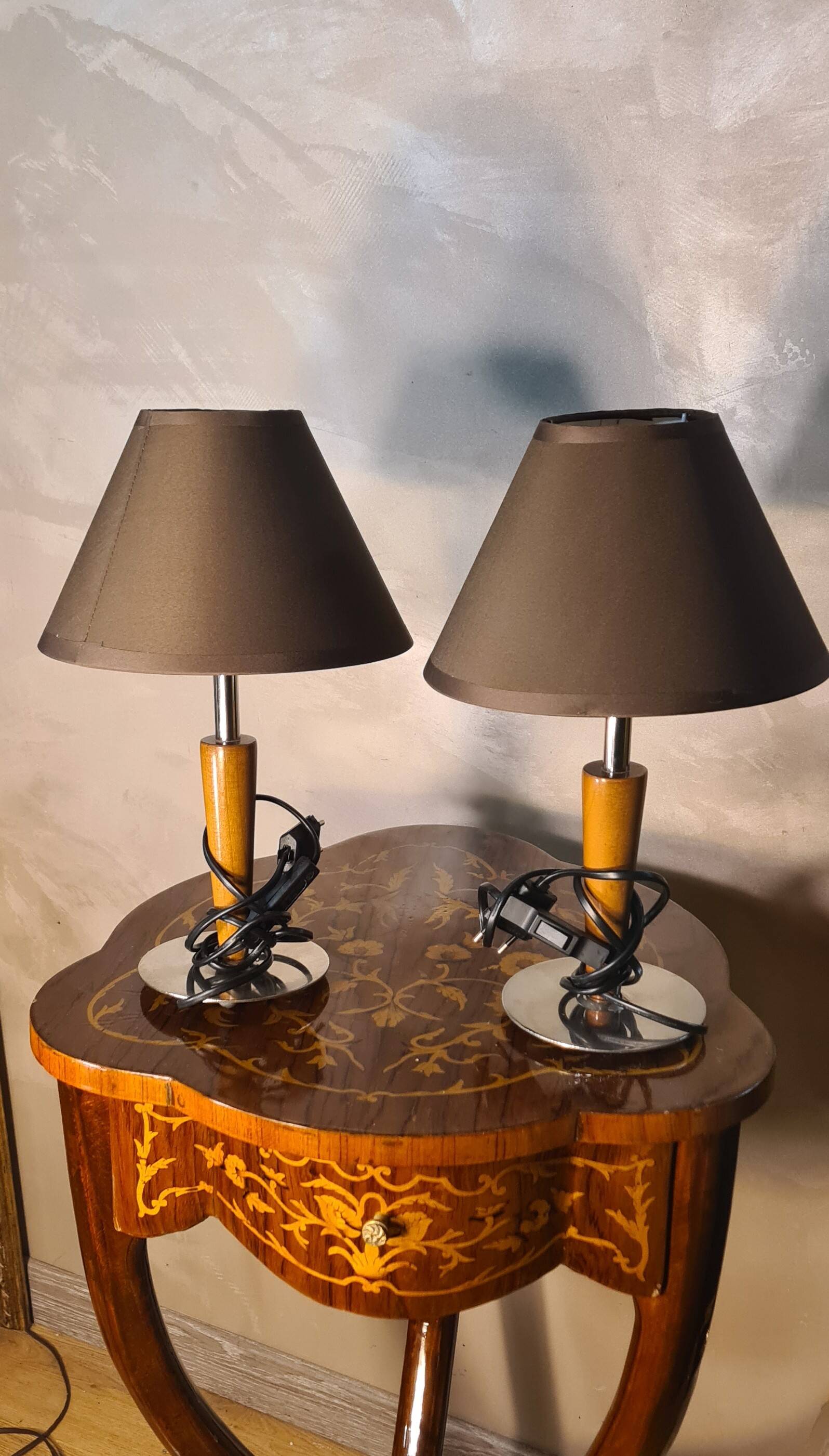 Pair of scandinavian style bedside lamps in wood and silver metal elec ok 30x18
