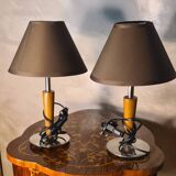 Pair of scandinavian style bedside lamps in wood and silver metal elec ok 30x18