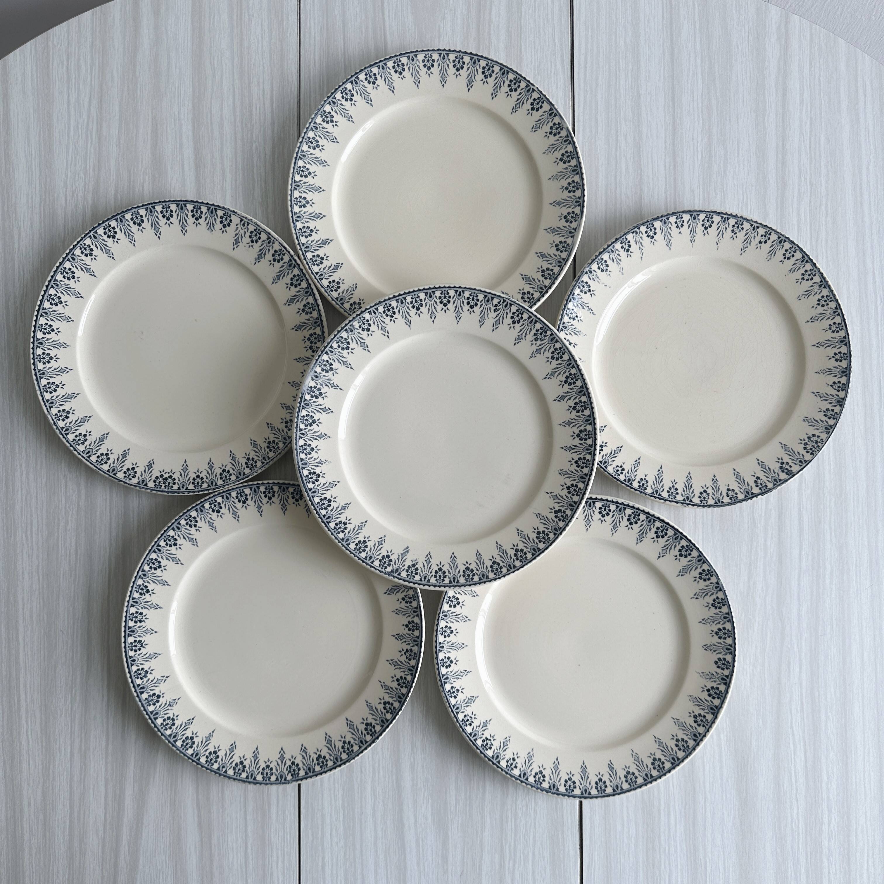 6 flat earthenware plates, blue floral border