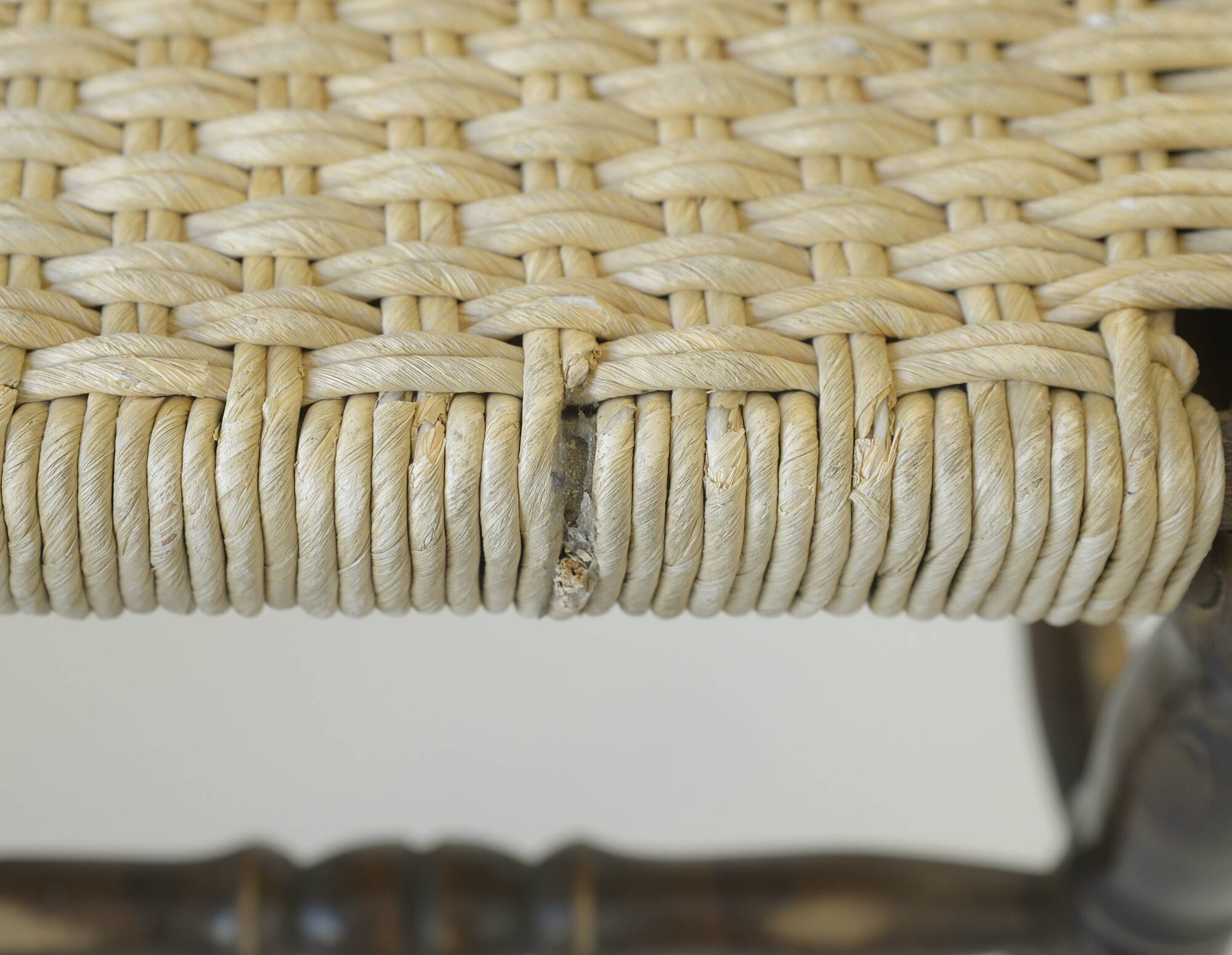 Vintage rustic stool, wooden ottoman footstool, wicker bench from the 1960