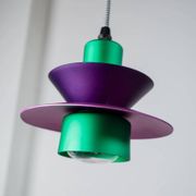Vintage ceiling suspension in aluminium - 1980s, postmodern Memphis style - purple and green, striped cable, zigzag.