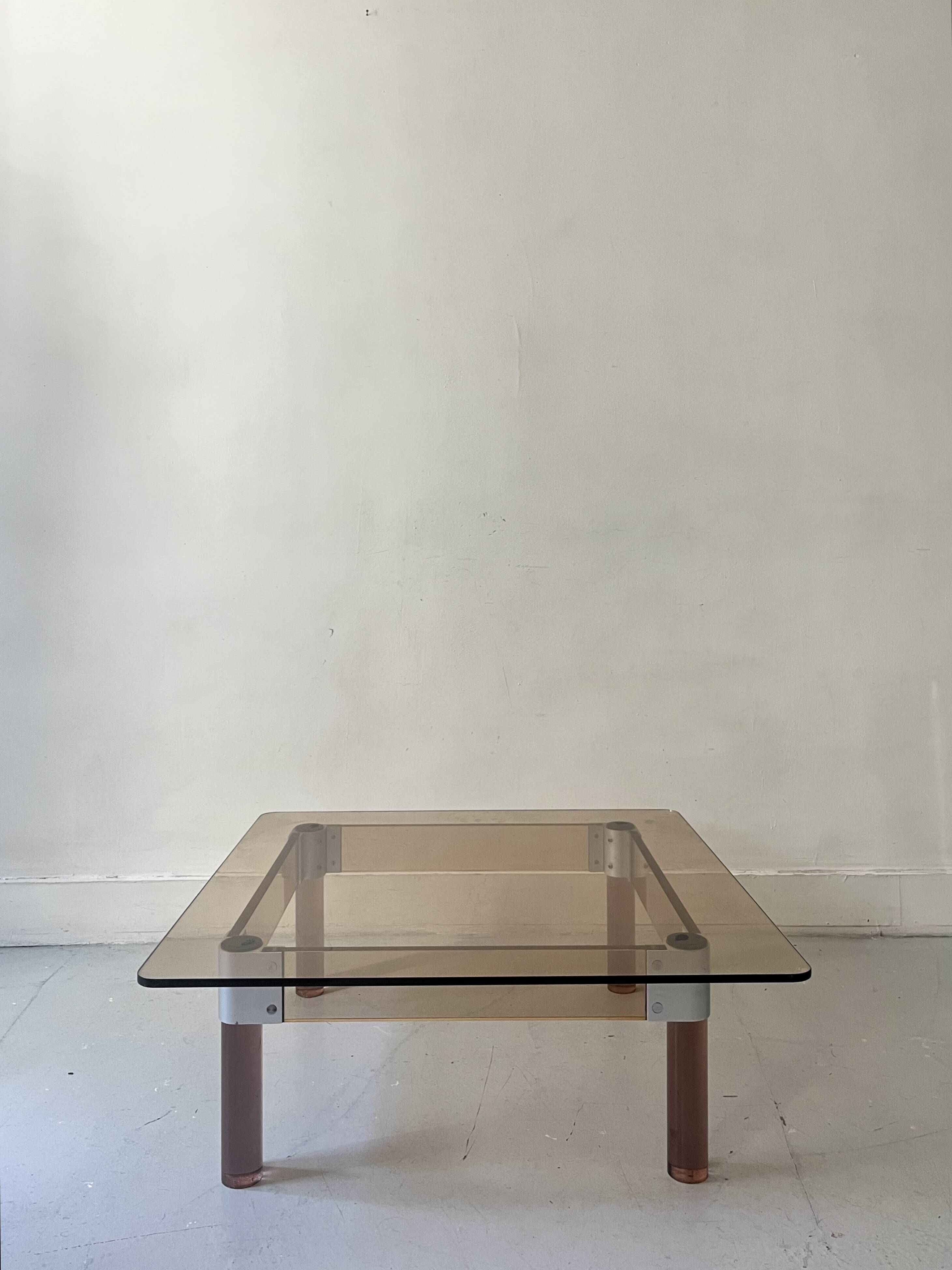 Square coffee table in smoked brown plexiglass and chrome, 1970s design