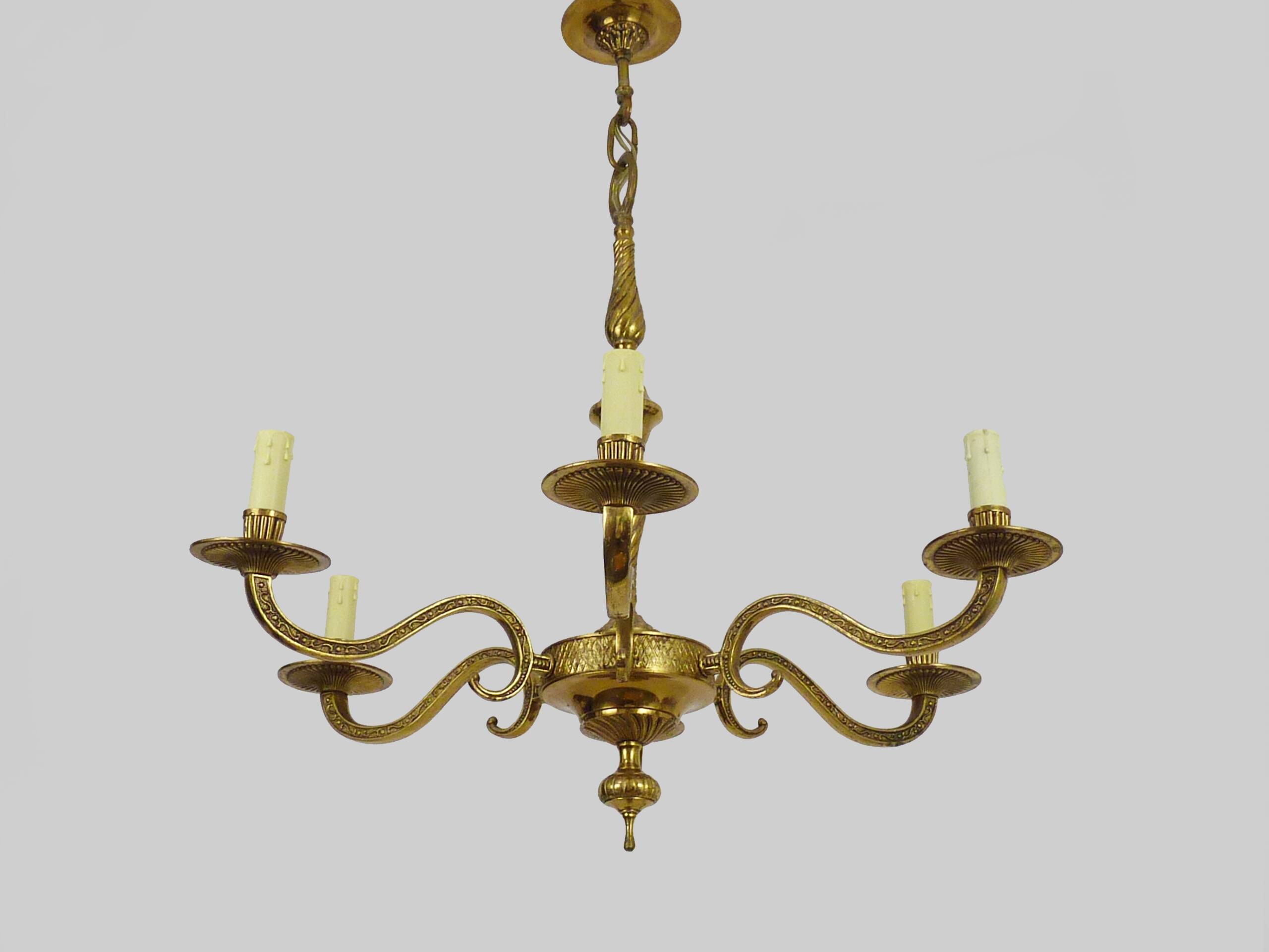 Old chandelier, suspension, light fixture with 6 bronze lights. 70s