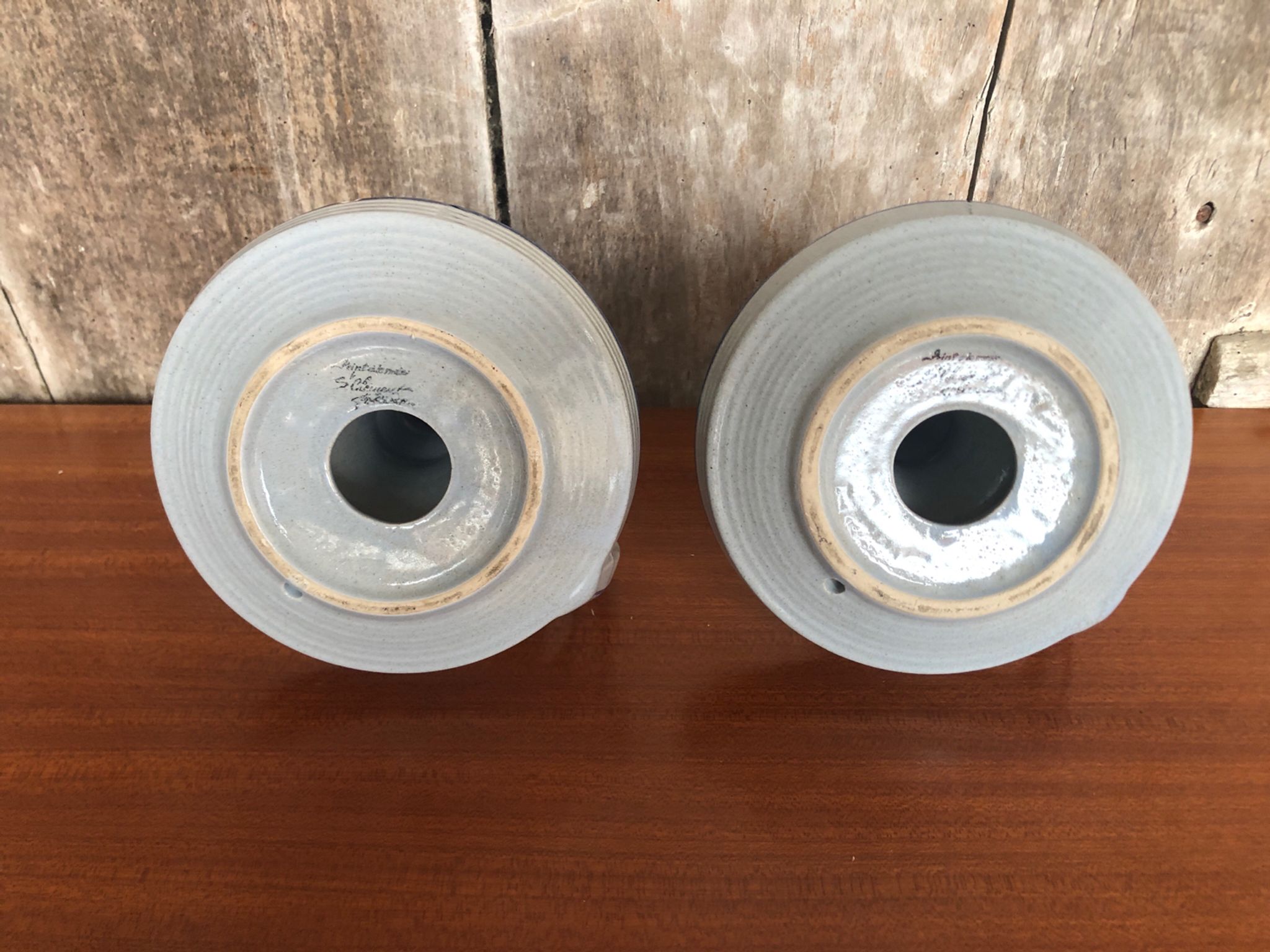 Old pair of hand candlesticks st clément céramique bleue france #a266