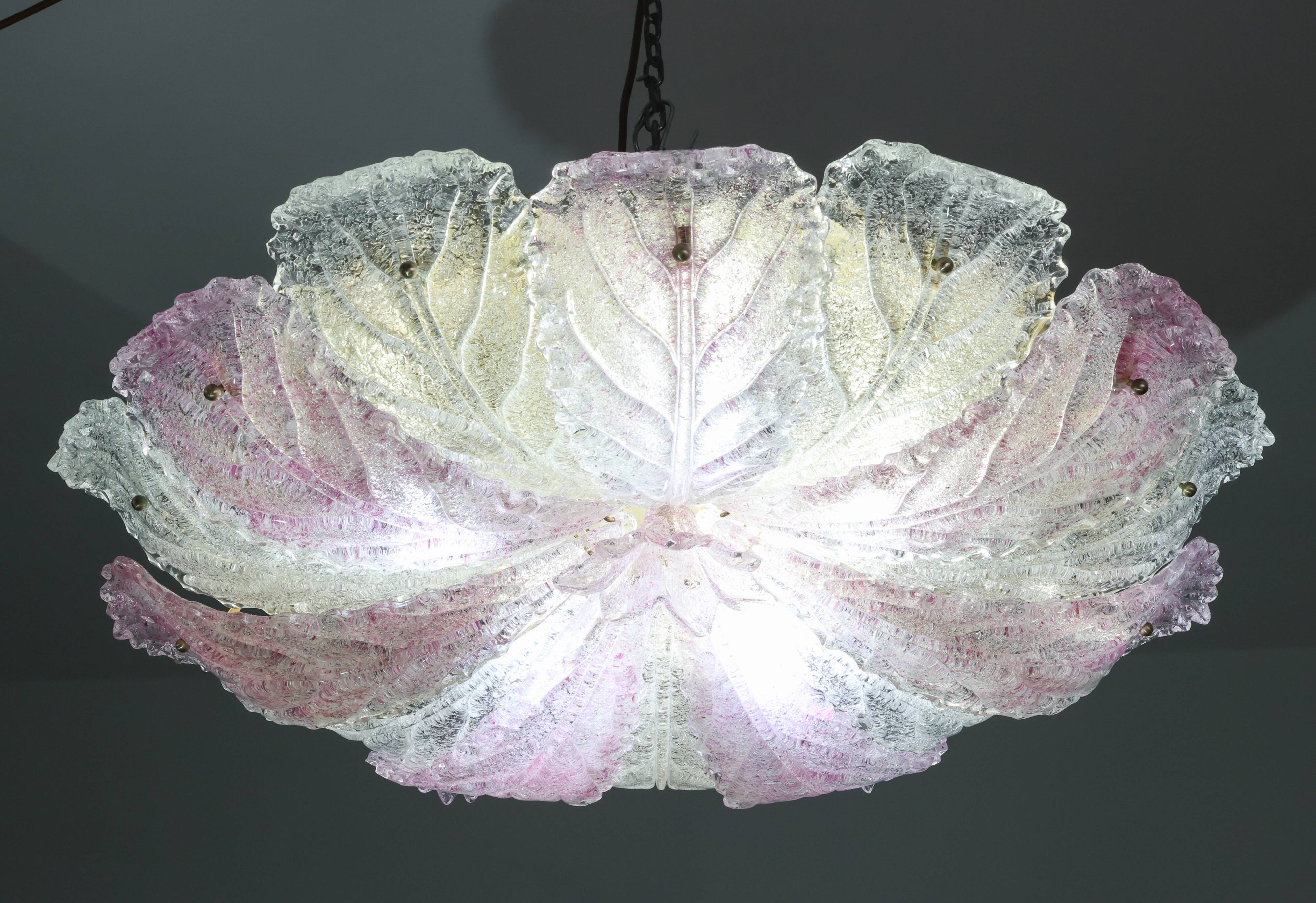 Large Size Pink and Transparent Murano Glass Leave Ceiling Light or Chandel