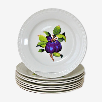 Eight antique dessert plates with multi-fruit patterns