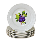 Huit assiettes à dessert anciennes aux motifs multi-fruits