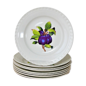 Huit assiettes à dessert anciennes aux motifs multi-fruits