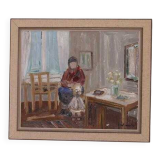 Original Swedish oil on canvas – “Figure in Interior” by Åke Wickström – vintage & framed – 57 × 66 cm
