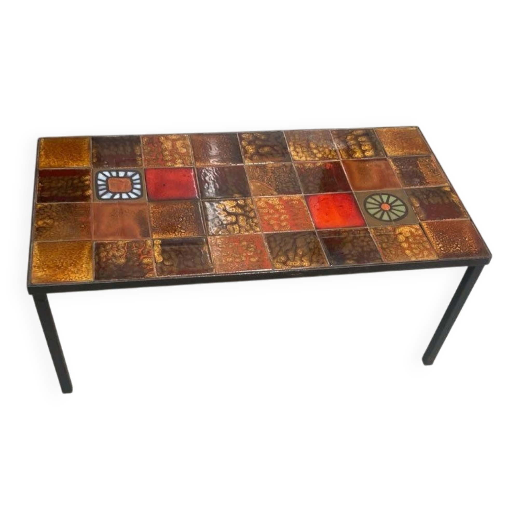 Vintage coffee table in ceramic with wrought iron structure from the 1970s.