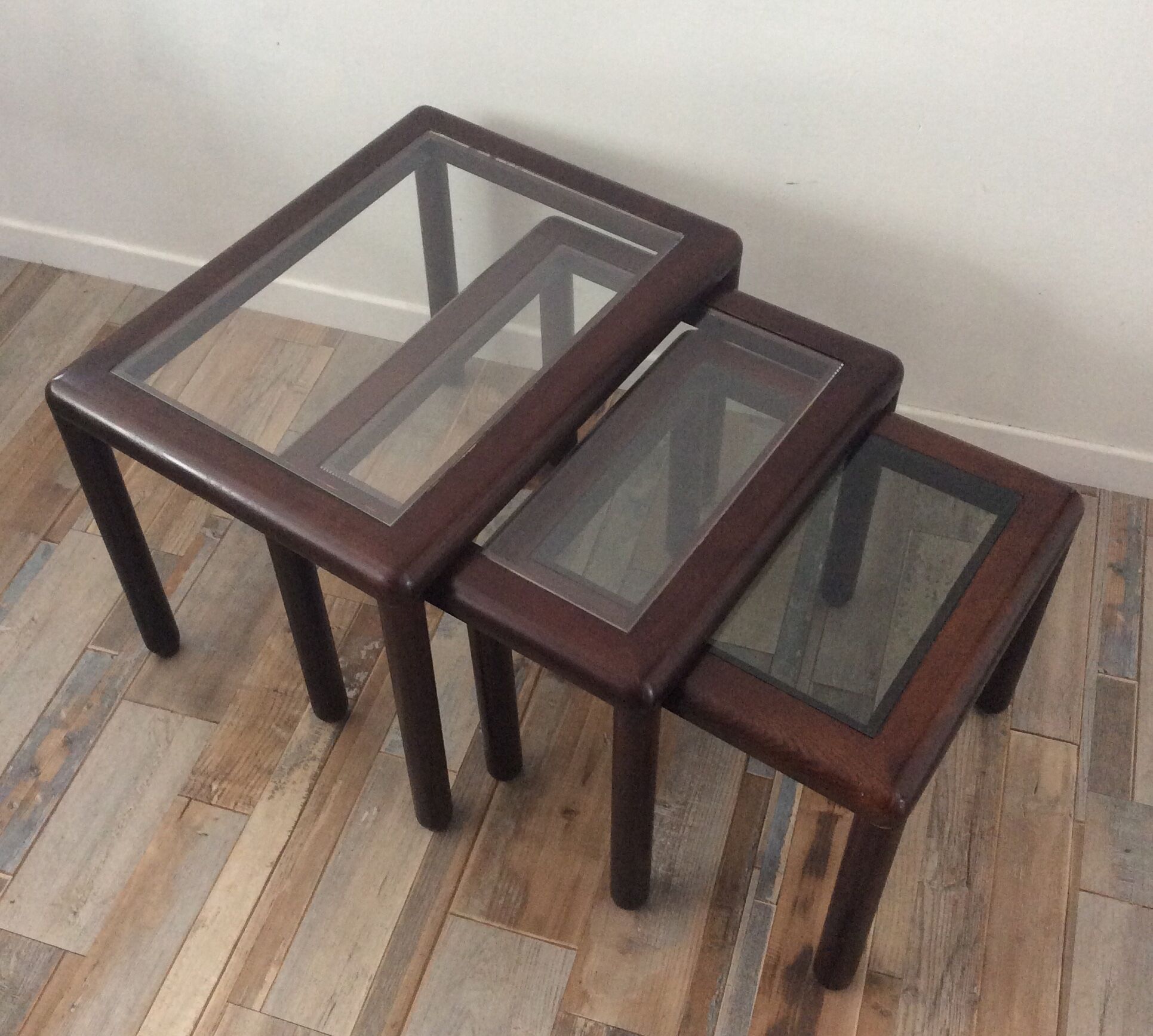 Series of 3 wooden and glass tables from the 70s