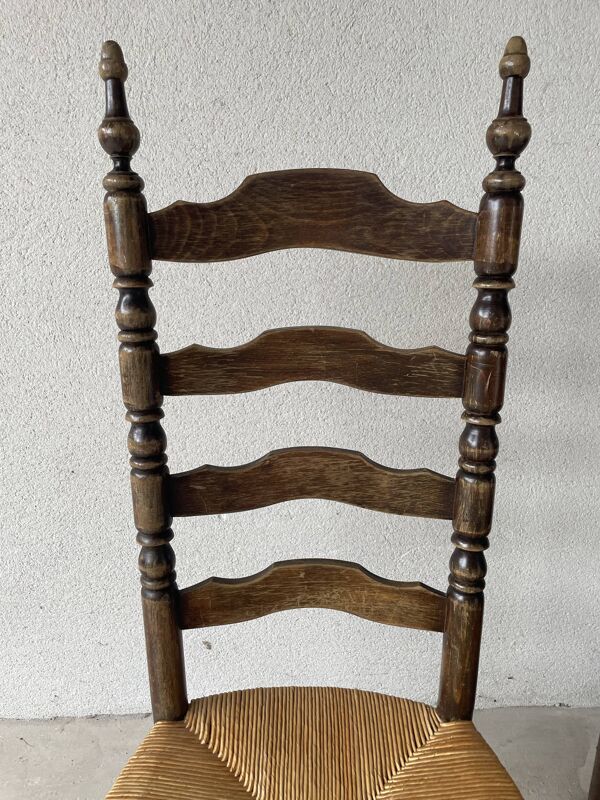 Chaise style campagnard bois massif et paille 1950