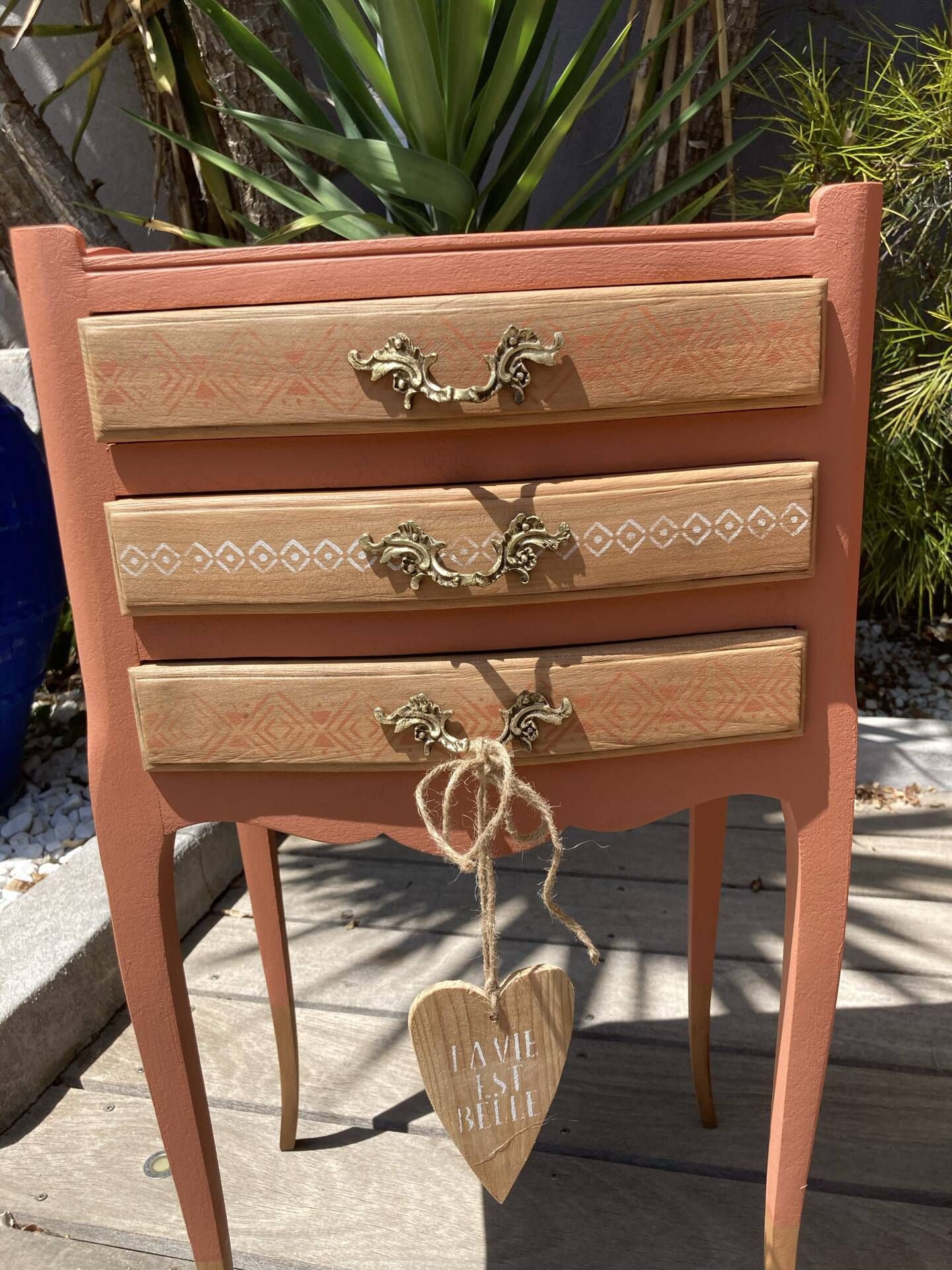 Pair of revamped bohemian / berber bedside tables with the heart "life is beautiful"
