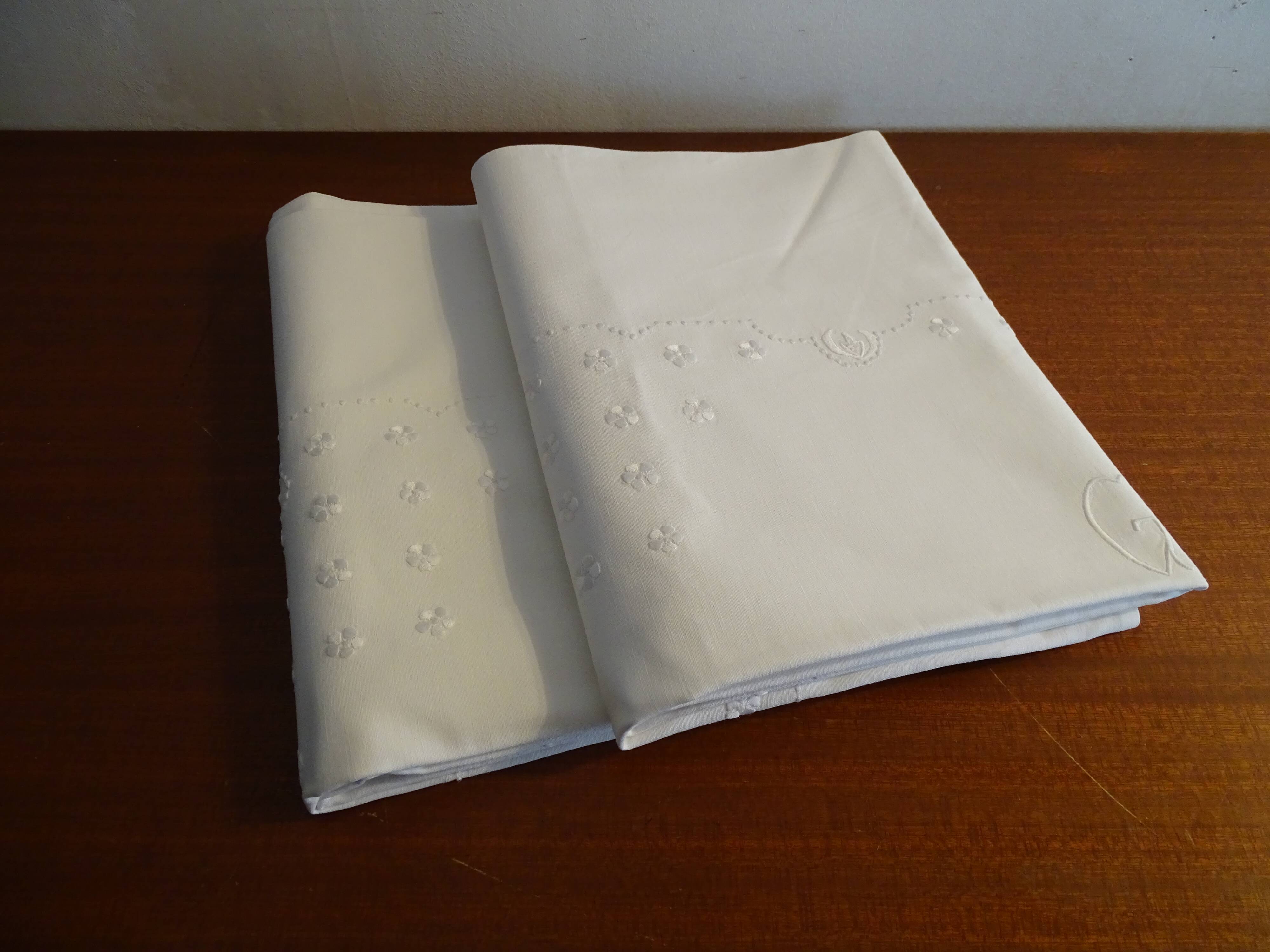 2 antique pillowcases embroidered with monograms GS cotton 78 cm x 75 cm