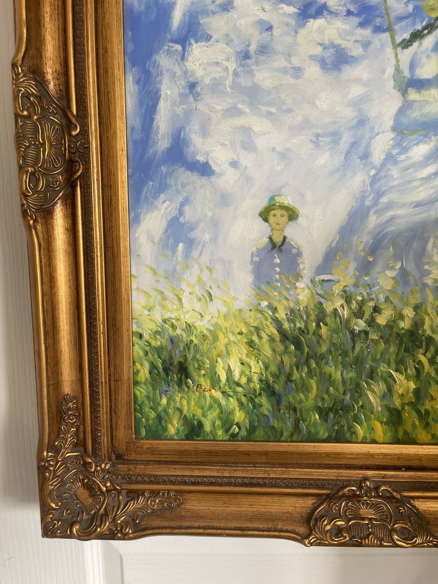 Old oil painting canvas reproduction woman with parasol monet 80x70 signed