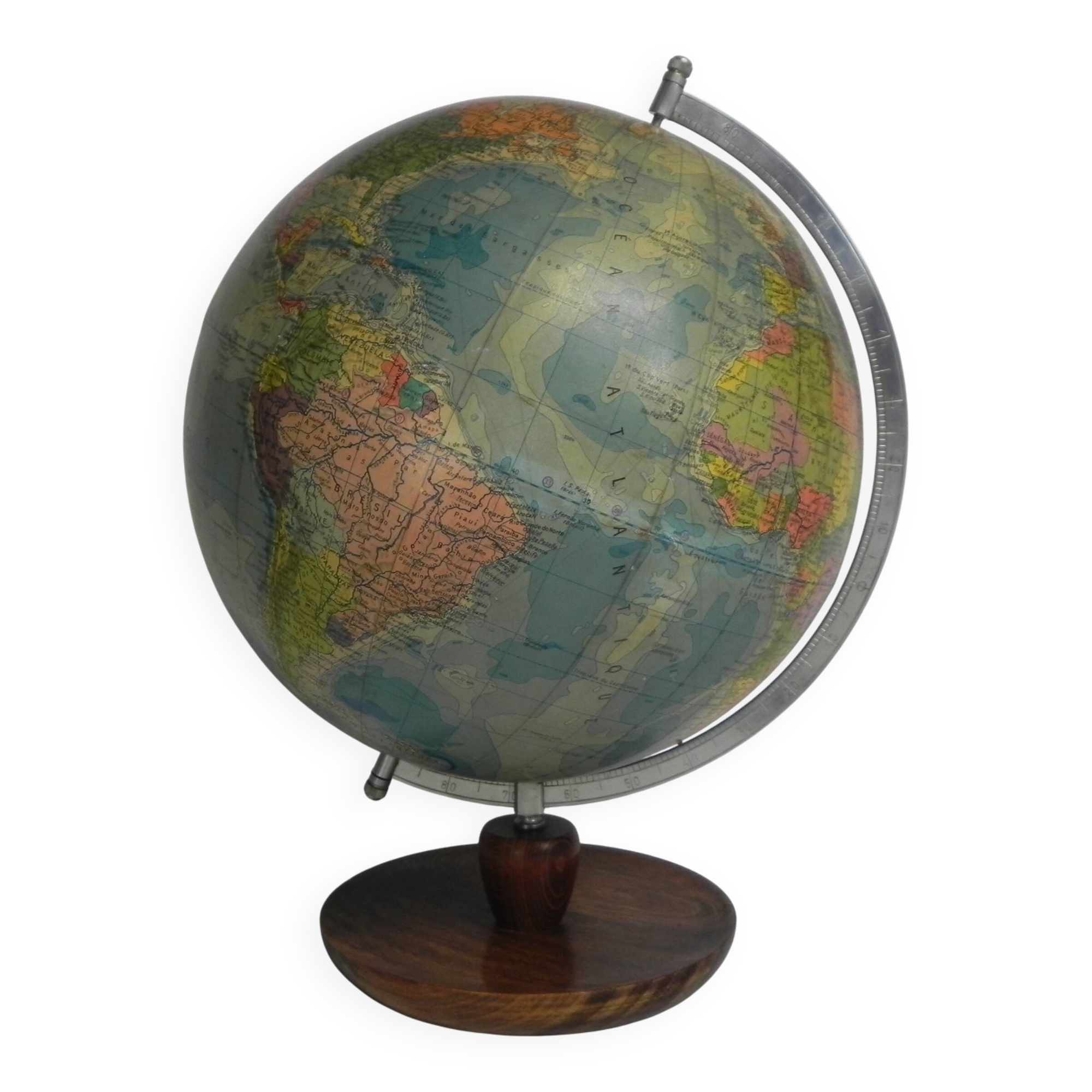 Paper mache globe on wooden base, 1960s