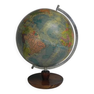 Paper mache globe on wooden base, 1960s