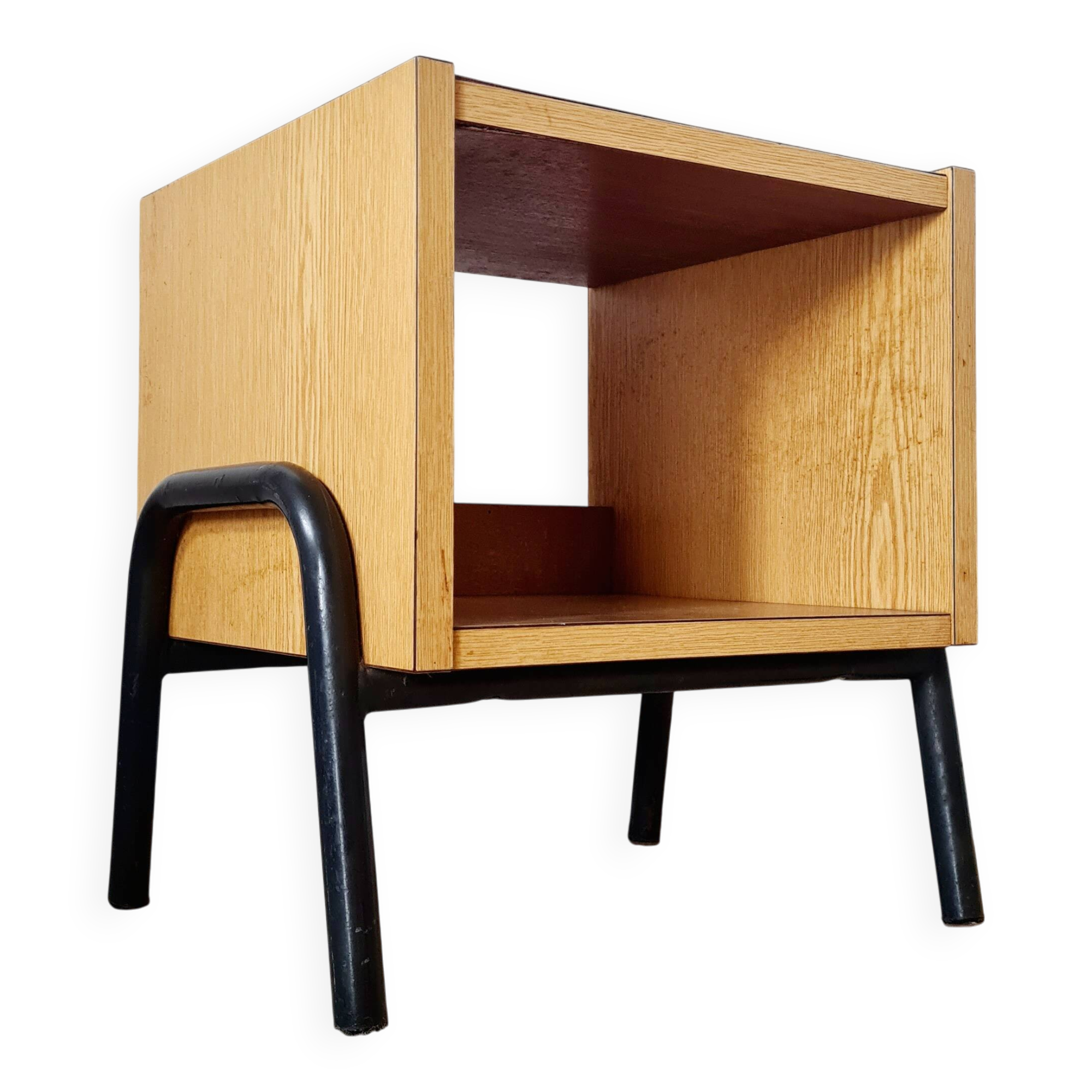 Bedside table - small wooden piece of furniture with a tubular metal base.