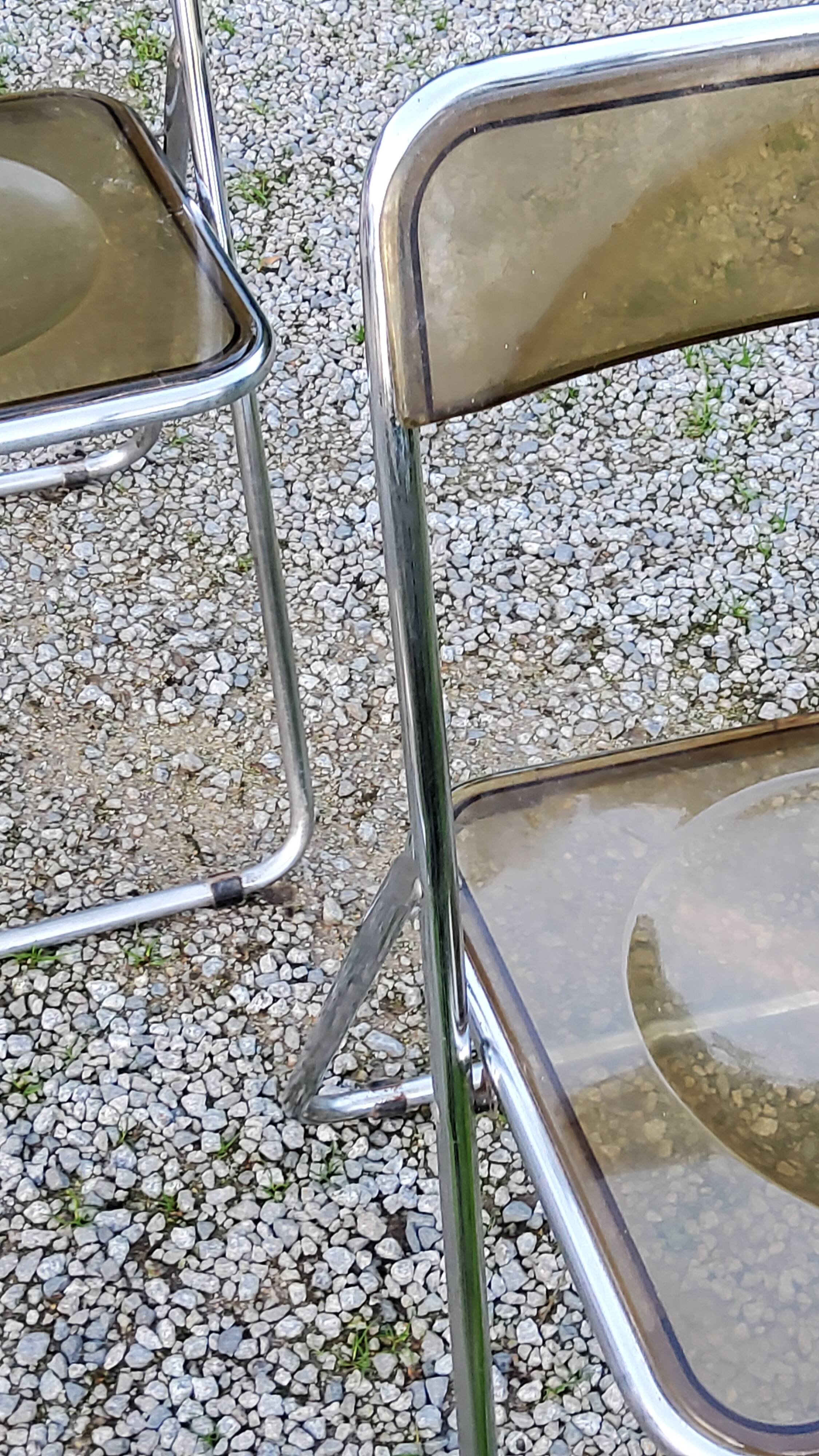 Set of 4 70s design folding chairs in smoked plexiglass and chrome metal