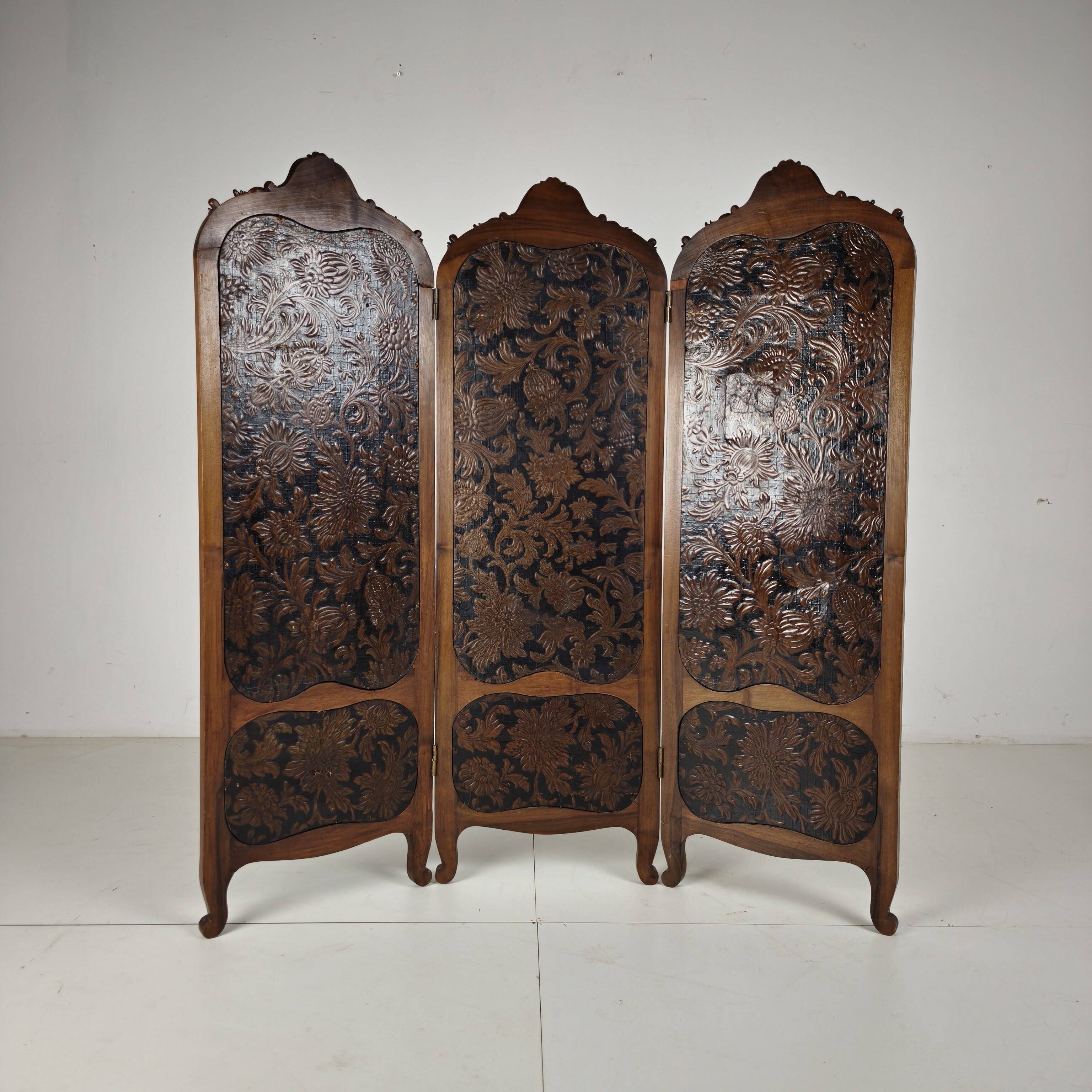Gilt Leather Room Divider with Rich Carving, Circa 1860