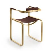 Armchair, Aged Brass Steel and Natural Tobacco Saddle Leather, Contemporary Style