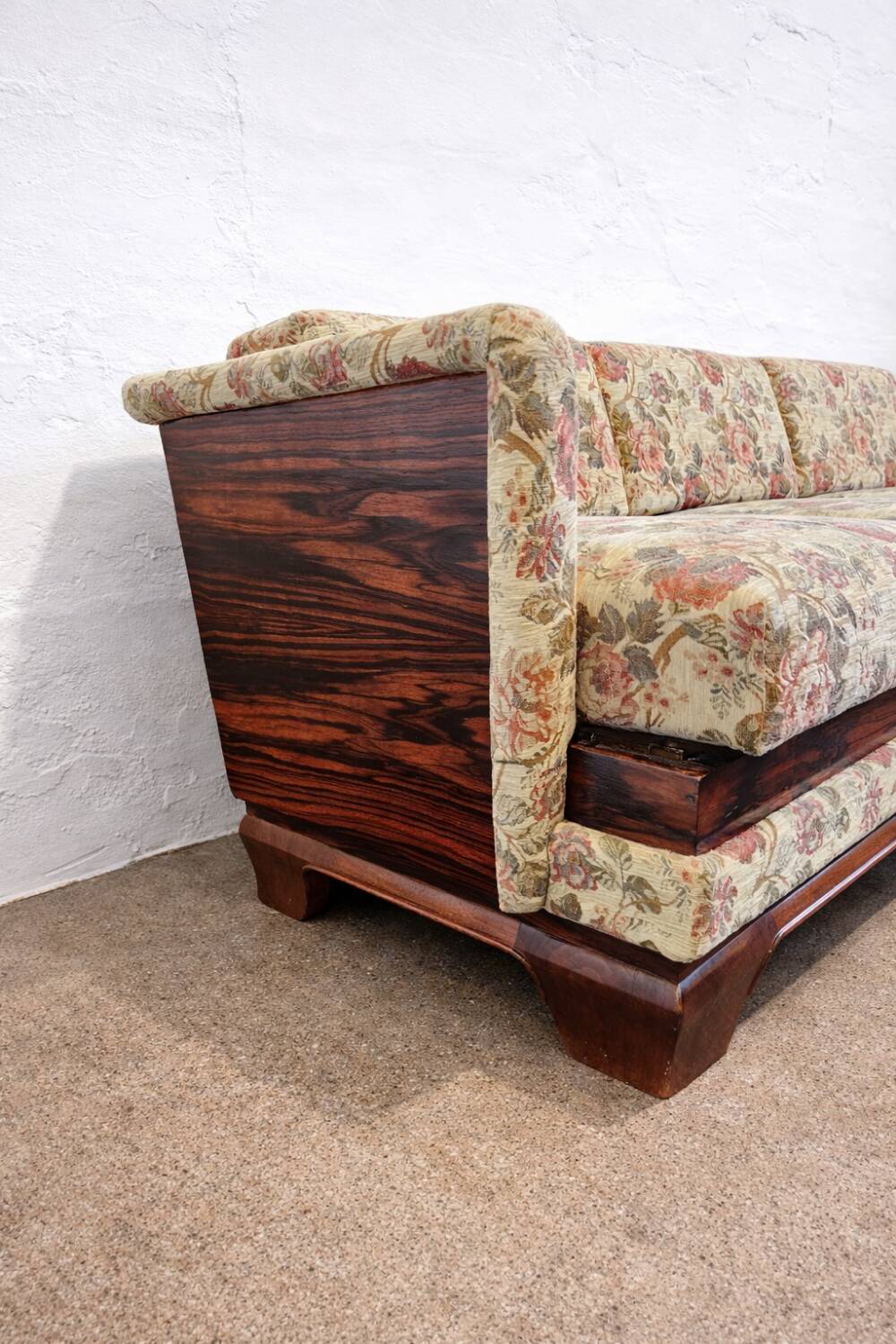 Macassar veneer Art Deco sofa with floral fabric, Austria, 1930s.