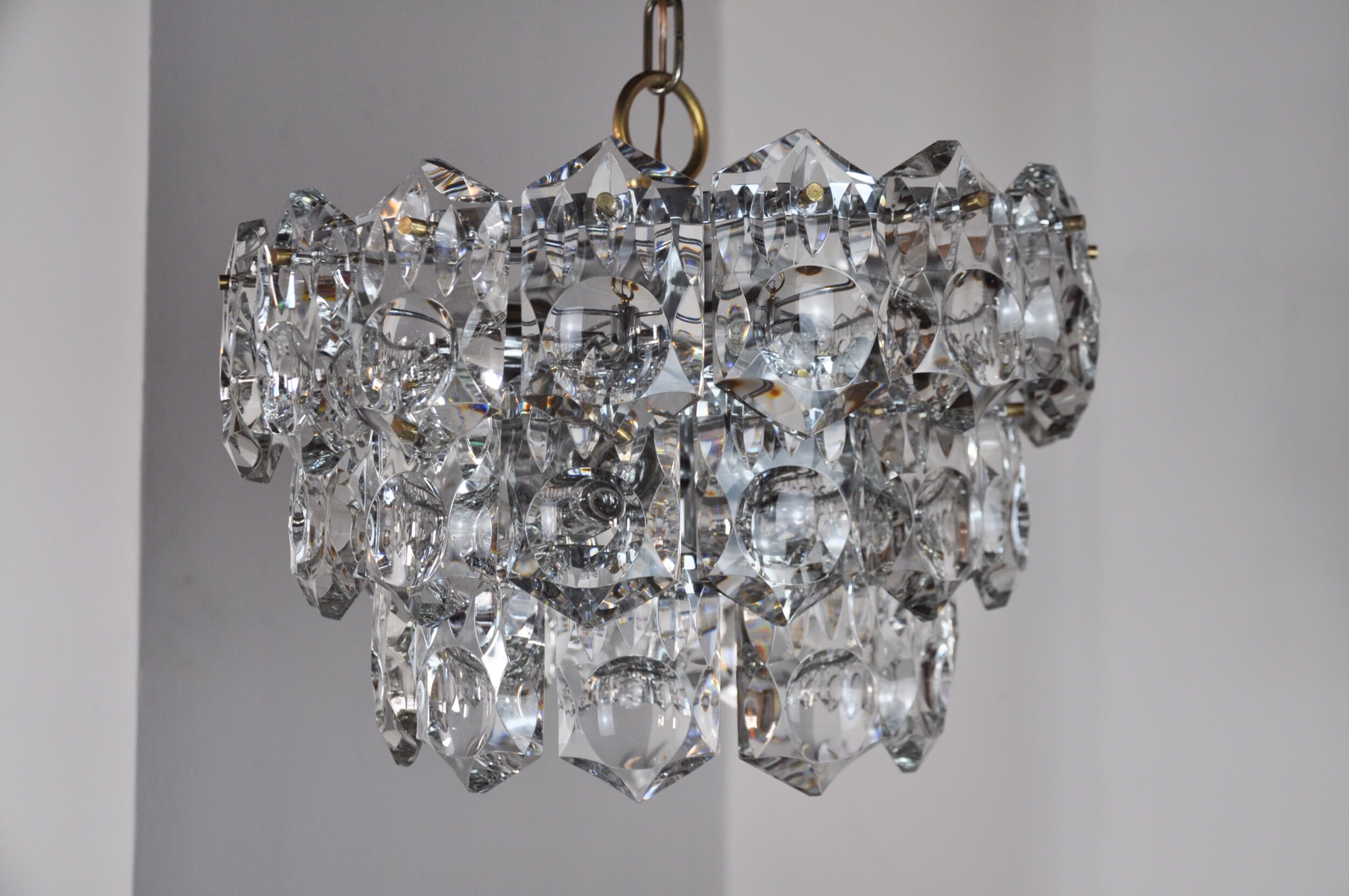 Golden Kinkeldey chandelier, cut glass, 3 levels, Germany, 1970