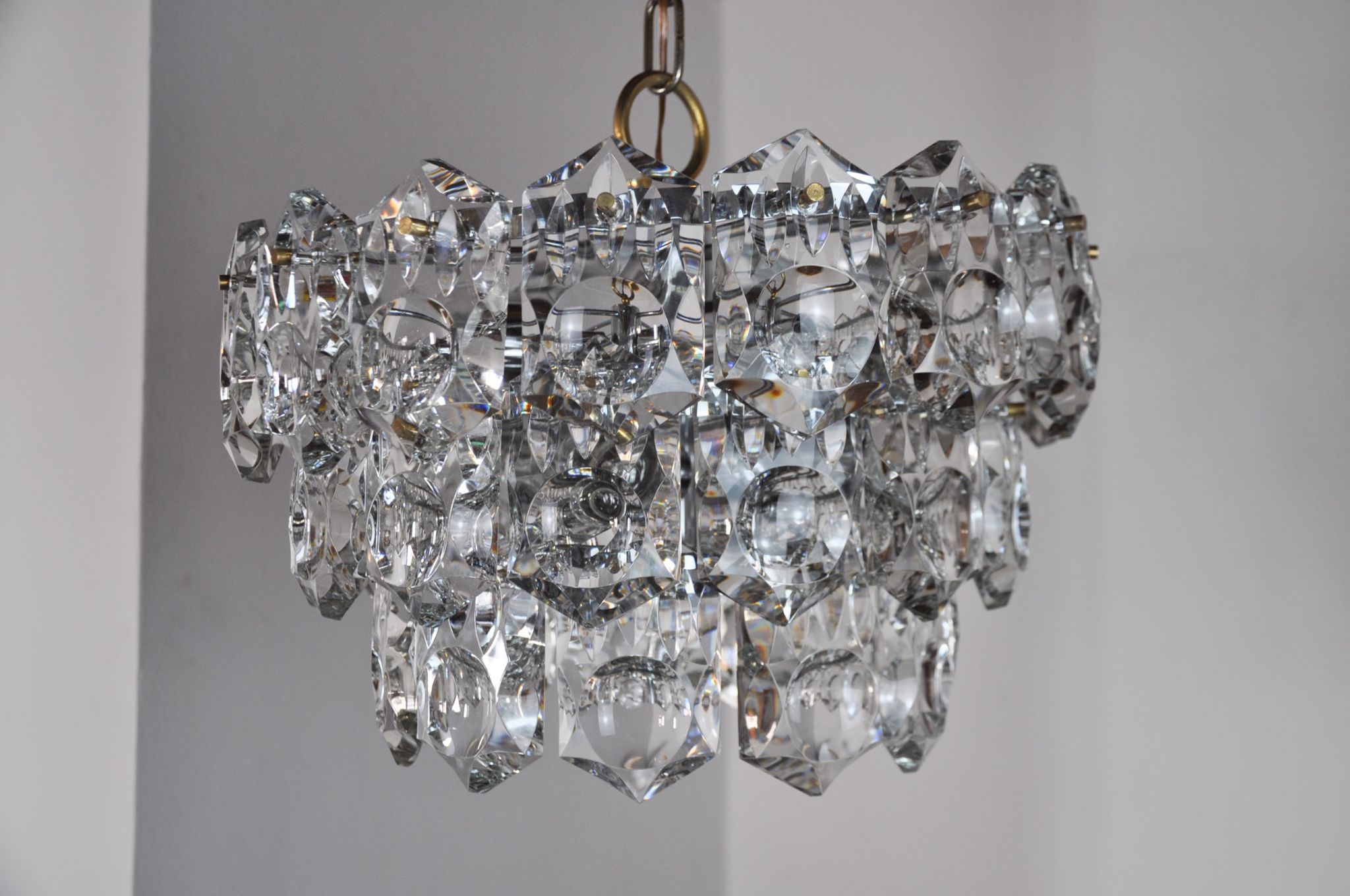 Golden Kinkeldey chandelier, cut glass, 3 levels, Germany, 1970