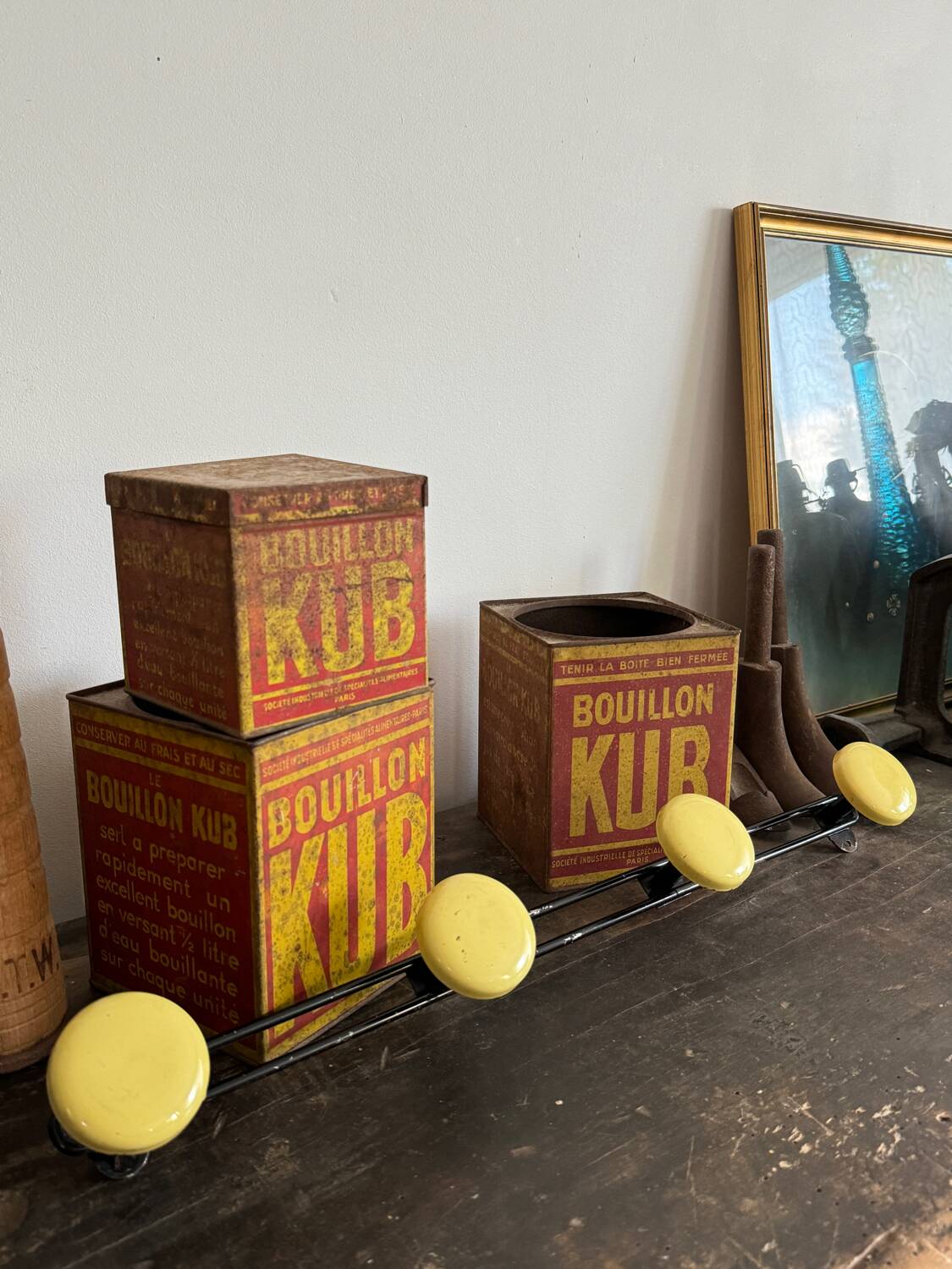 Wall coat rack with 4 vintage yellow metal hooks