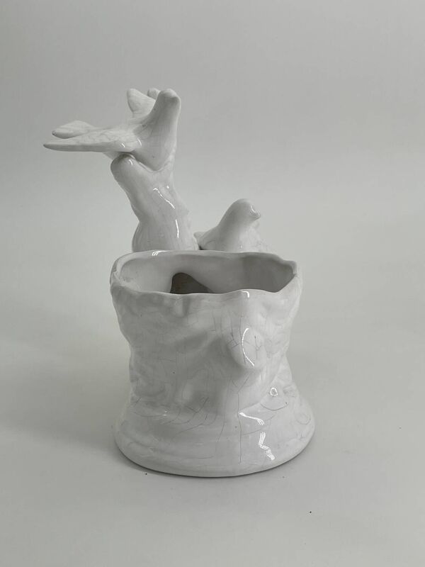 Cache pot vintage de colombes en porcelaine blanc