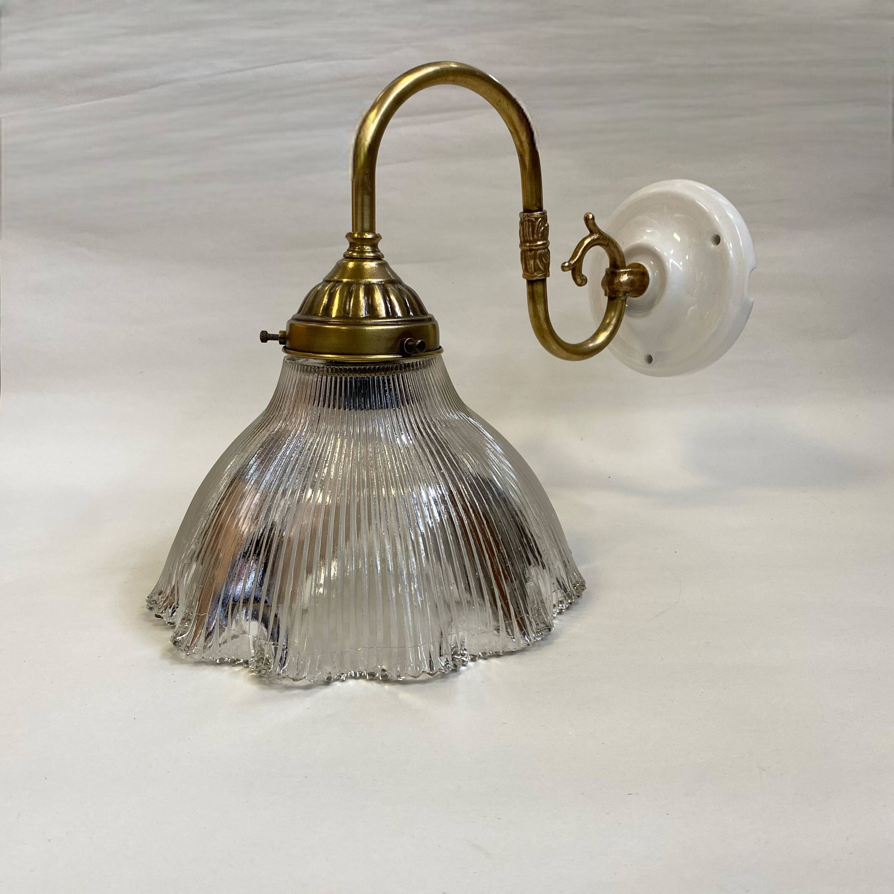 Swan neck wall light, brass, glass, holophane type, porcelain fixing