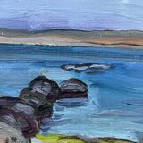 Vintage Swedish Modernists Oil Painting Blue Seascape by G.B. Mid 20th century