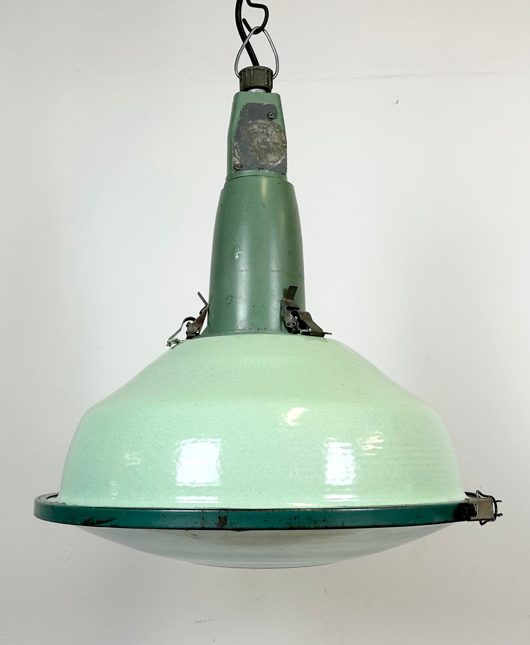 Industrial soviet green enamel pendant light with glass cover, 1960s