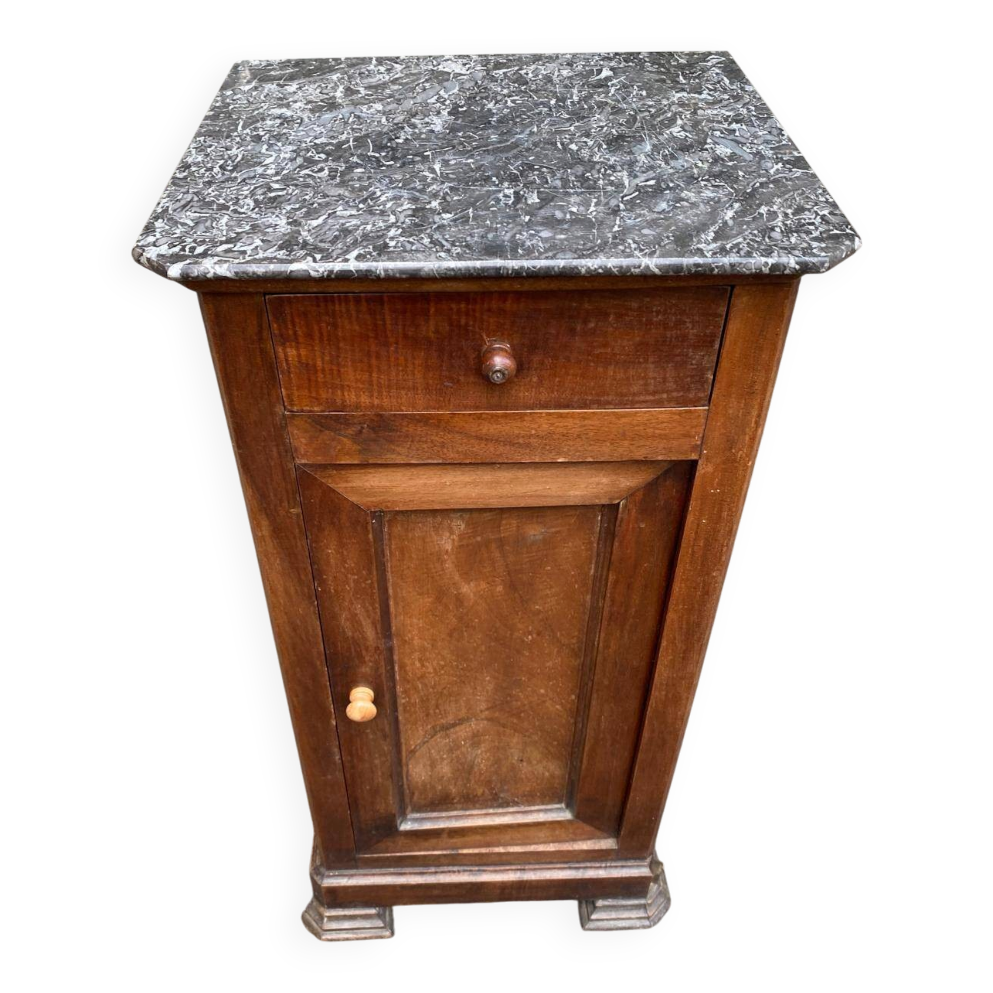 Louis Philippe bedside table from the 19th century in solid wood and grey marble.